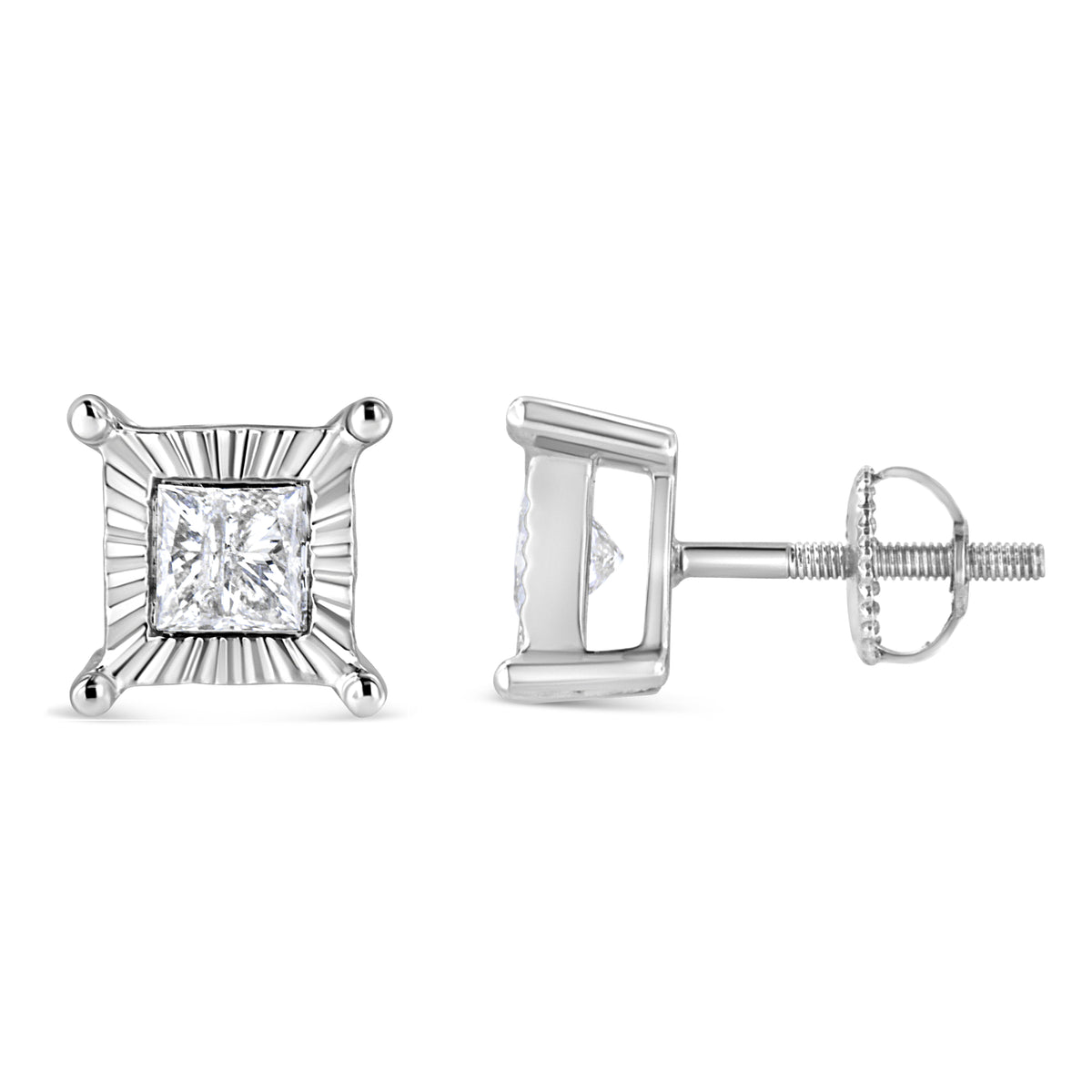 Pendientes de tuerca solitarios de plata de ley .925 con diamante de 1,0 Cttw talla princesa engaste ilusión (color H-I, claridad I2-I3)