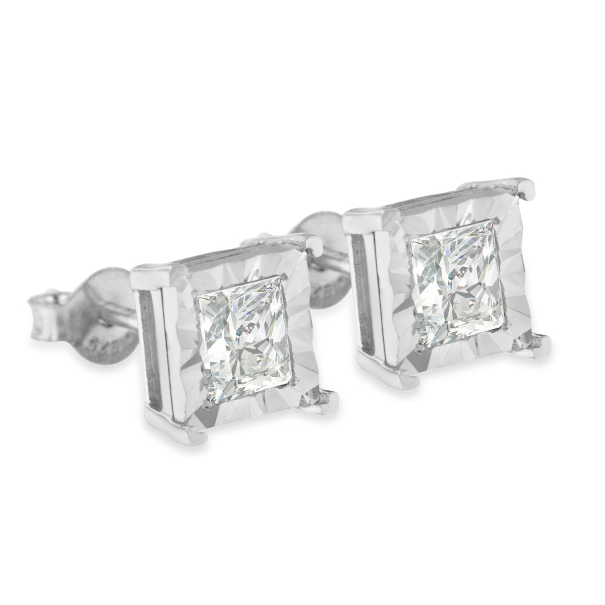 Pendientes de tuerca solitarios de plata de ley .925 con diamante de 1,0 Cttw talla princesa engaste ilusión (color H-I, claridad I2-I3)