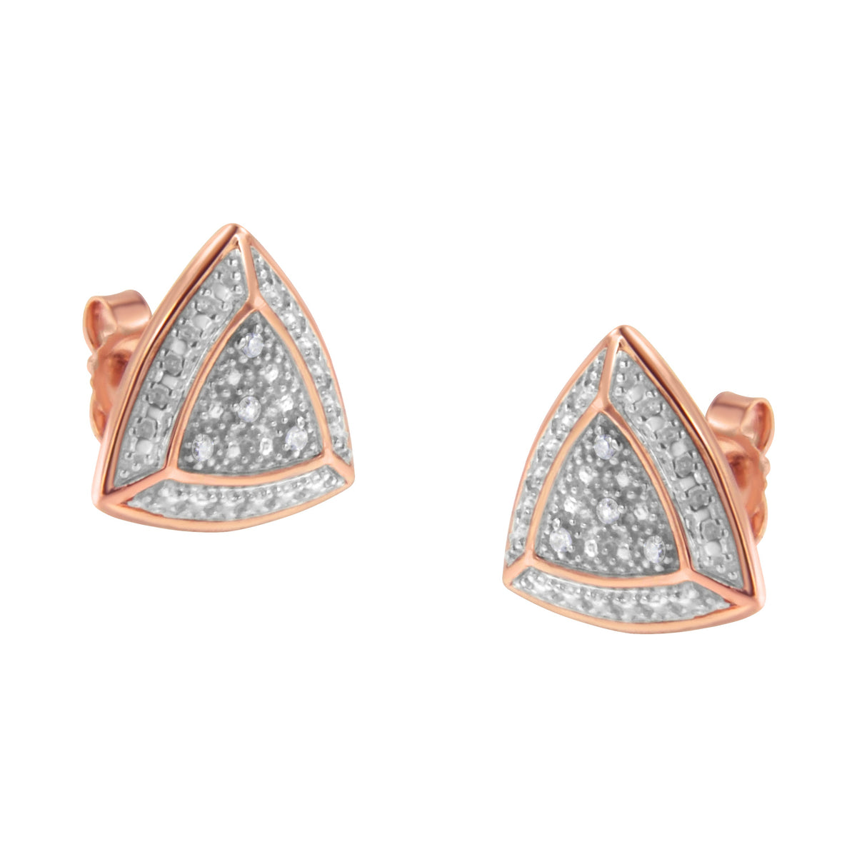 Pendientes de tuerca con forma de trillón y halo de 4 piedras de plata de ley .925 con baño de oro rosa de 14K y acentos de diamante (color H-I, claridad I2-I3)