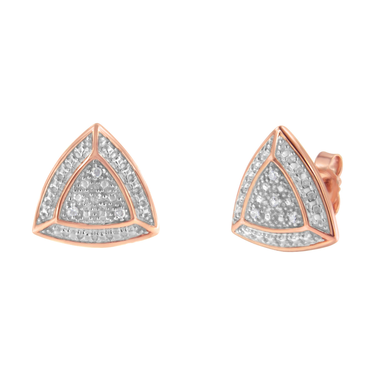 Pendientes de tuerca con forma de trillón y halo de 4 piedras de plata de ley .925 con baño de oro rosa de 14K y acentos de diamante (color H-I, claridad I2-I3)