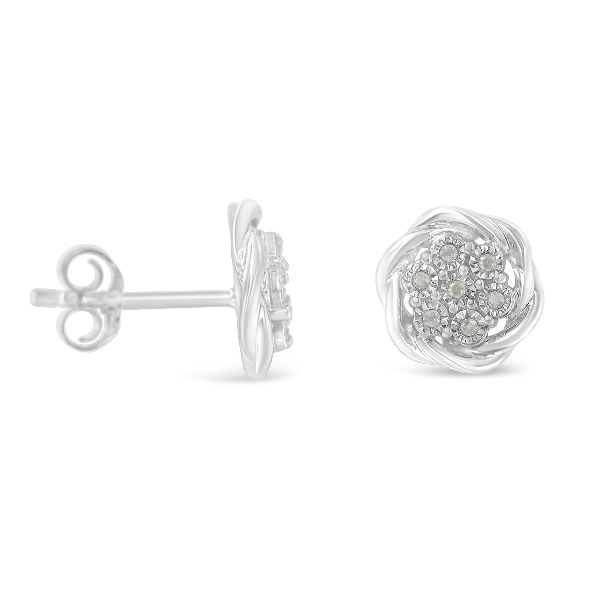 Pendientes de racimo en espiral de plata de ley con diamantes (1/6 quilates totales, color I-J, claridad I2-I3)