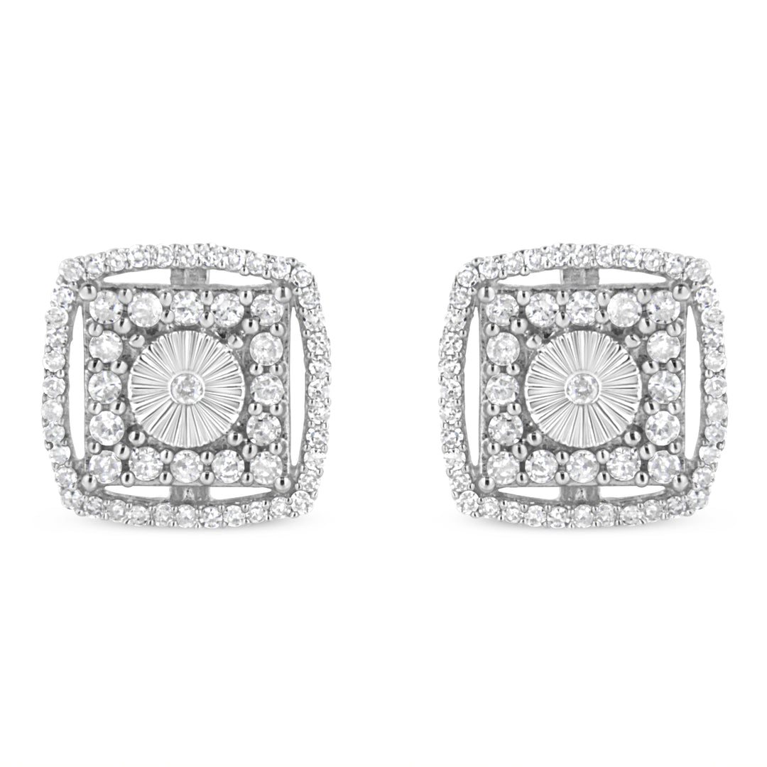 .925 Sterling Silver 1.0 Cttw Round Diamond Double Halo and Disc Stud Earring (I-J Color, I2-I3 Clarity)