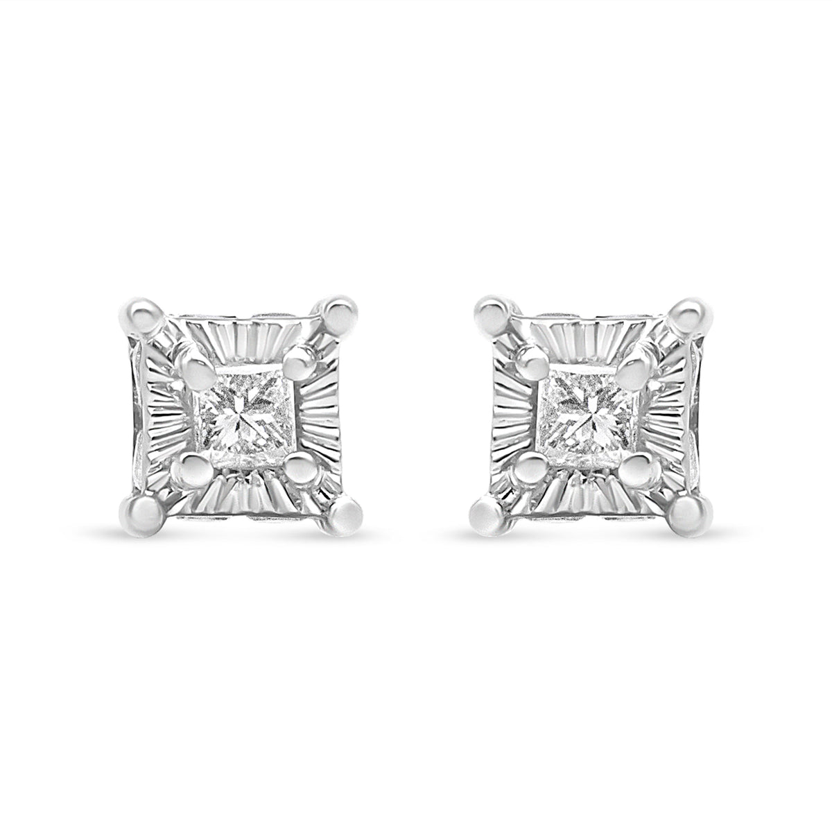 Pendientes solitario de plata de ley .925 de 1/4 quilate de diamantes de talla princesa con engaste "milagro" y halo oculto (color I-J, claridad SI2-I1)
