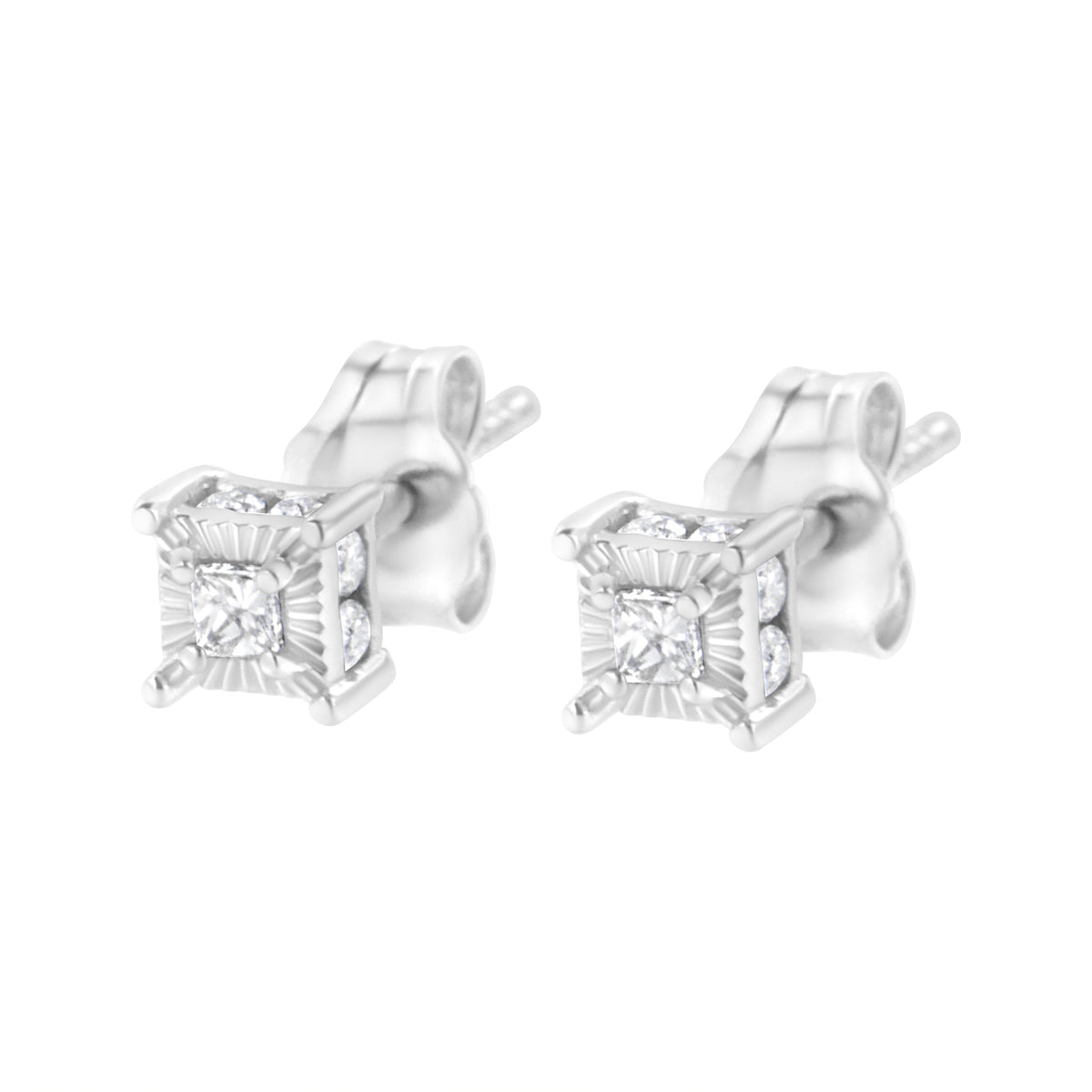 Pendientes solitario de plata de ley .925 de 1/4 quilate de diamantes de talla princesa con engaste "milagro" y halo oculto (color I-J, claridad SI2-I1)