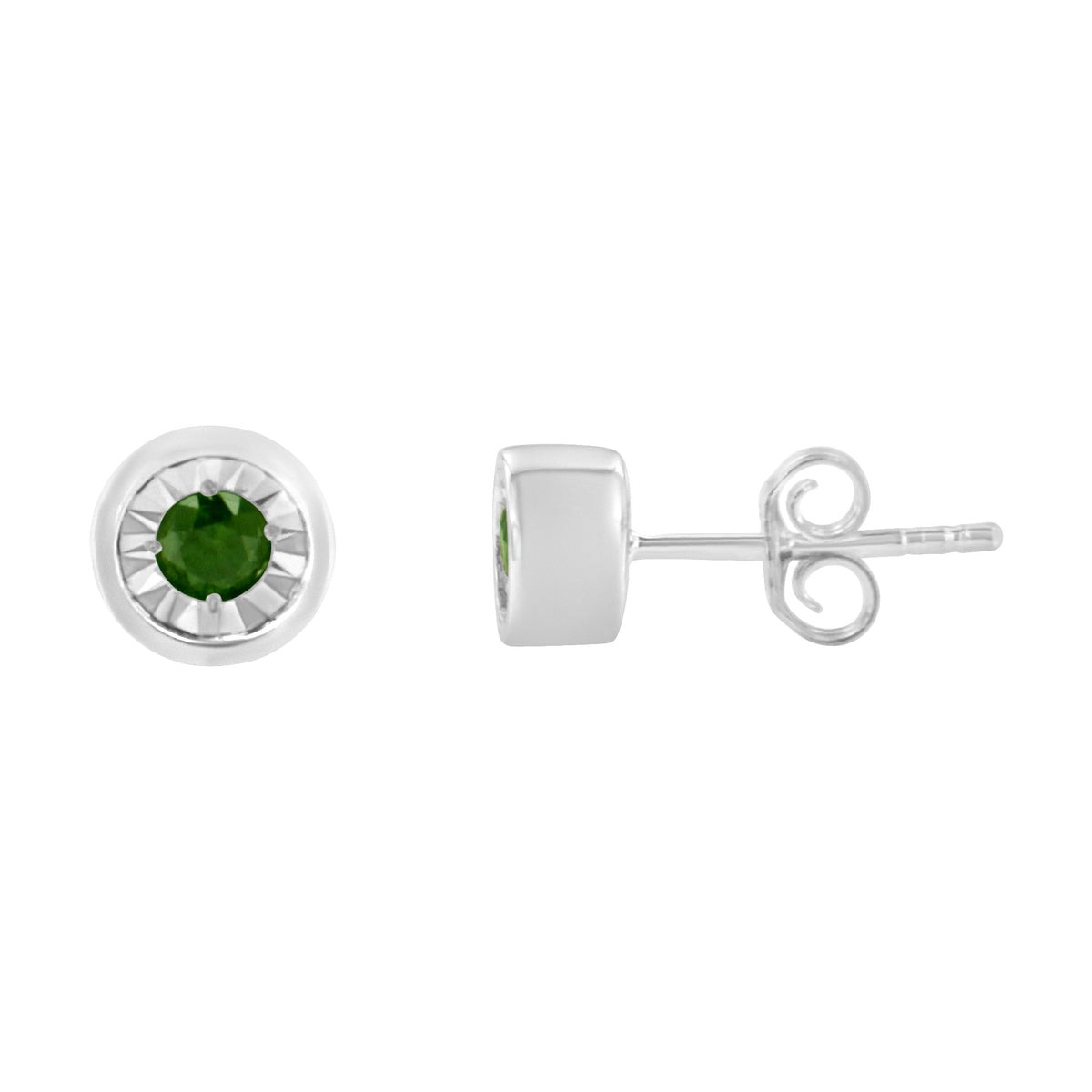 Pendientes de tuerca de plata esterlina .925 con diamante verde de talla brillante redondo de 1/5 Cttw, engaste milagroso (Color de fantasía mejorado, Claridad I1-I2)