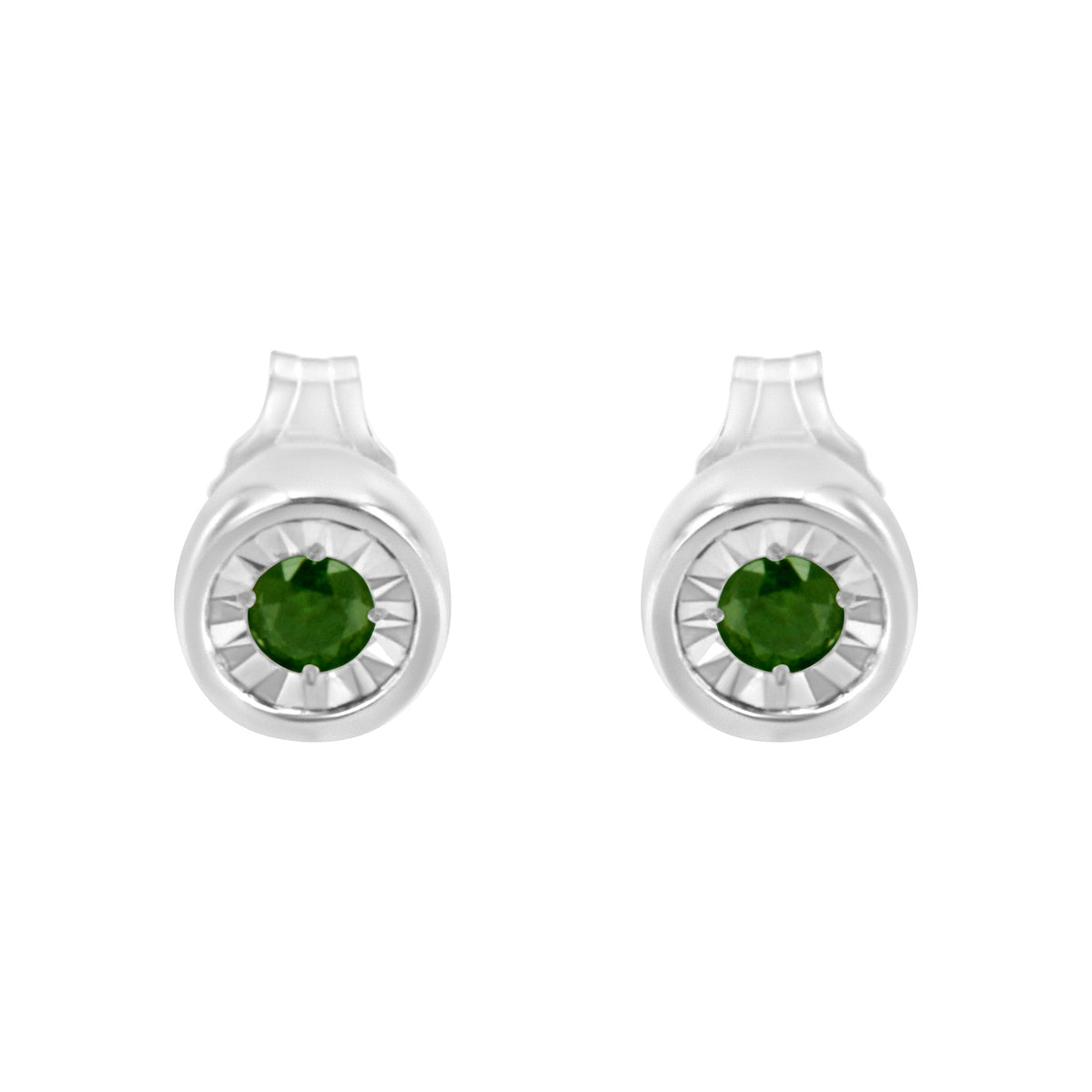 Pendientes de tuerca de plata esterlina .925 con diamante verde de talla brillante redondo de 1/5 Cttw, engaste milagroso (Color de fantasía mejorado, Claridad I1-I2)