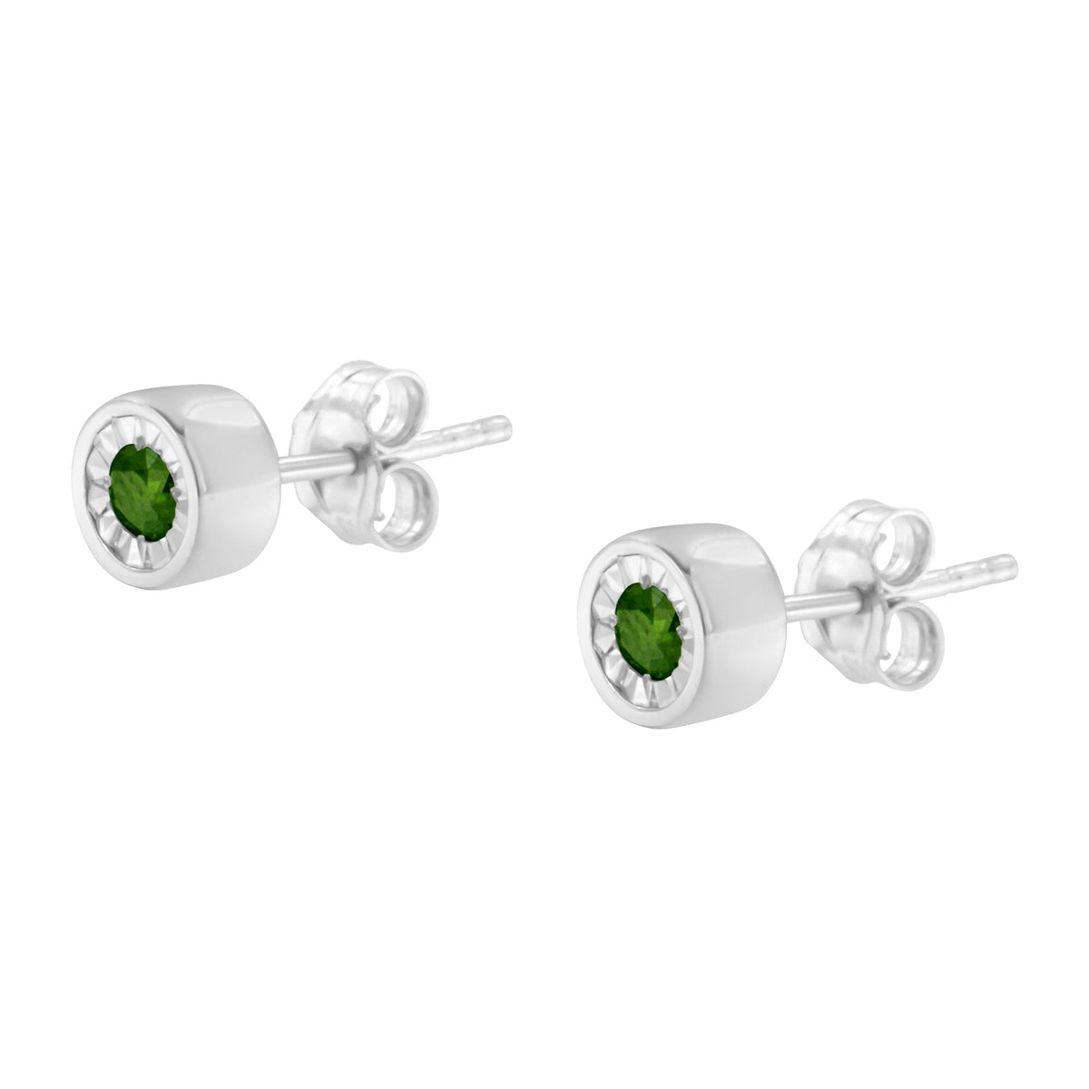 Pendientes de tuerca de plata esterlina .925 con diamante verde de talla brillante redondo de 1/5 Cttw, engaste milagroso (Color de fantasía mejorado, Claridad I1-I2)