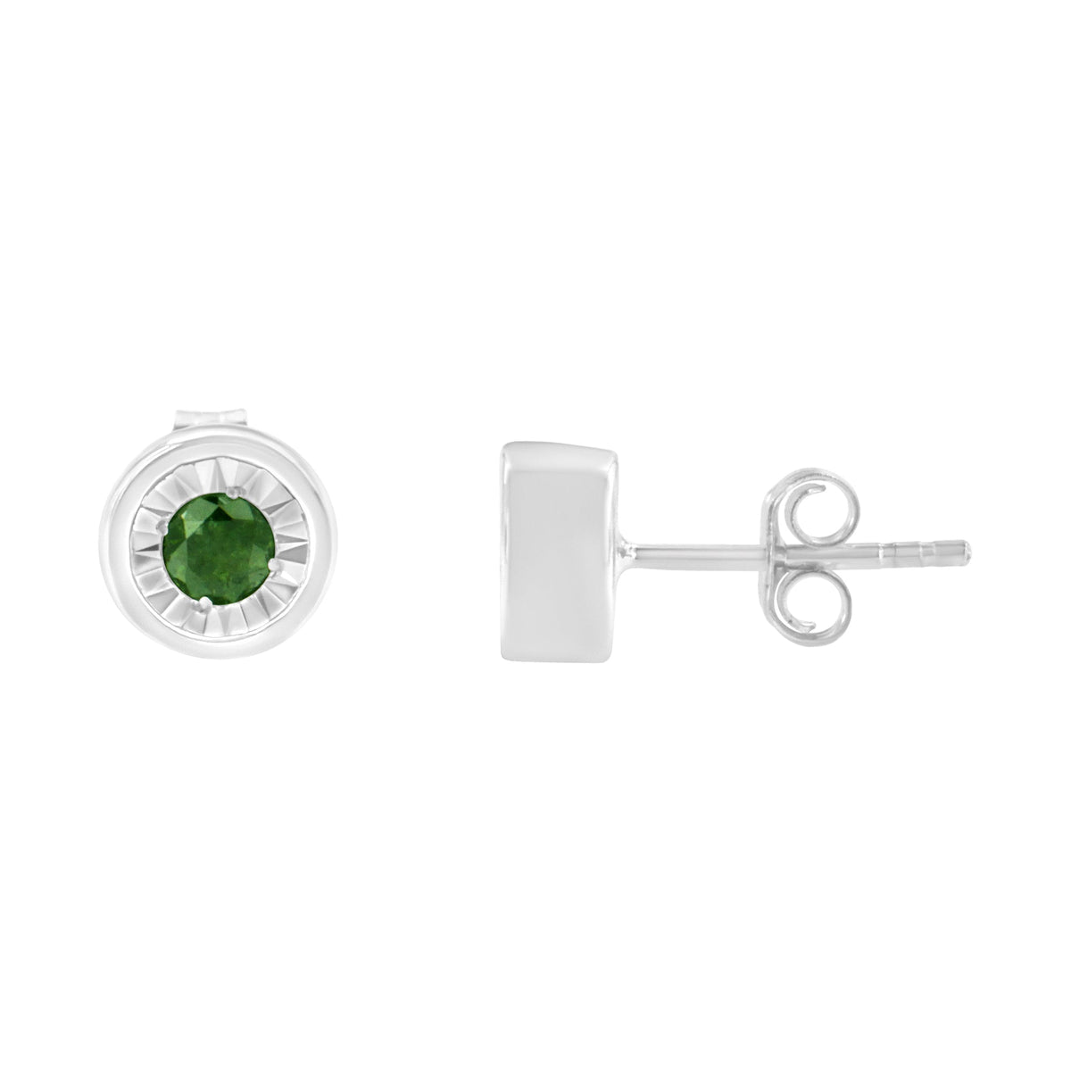 Aretes de botón de plata de ley .925 con diamante verde de talla brillante redonda de 1/4 Cttw, engaste de milagro (color mejorado elegante, claridad I1-I2)