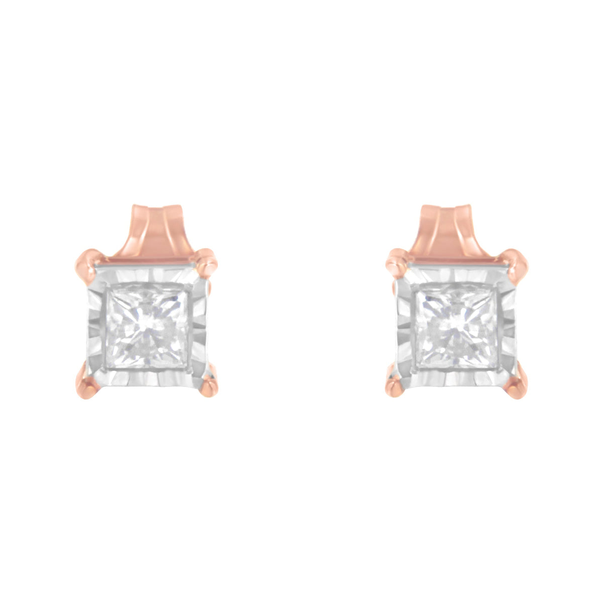 Pendientes de botón con solitario de diamante talla princesa de 0,50 ct. en total, chapados en oro rosa de 14K de dos tonos, plata de ley .925, montura de ilusión (color J-K, claridad I2-I3)
