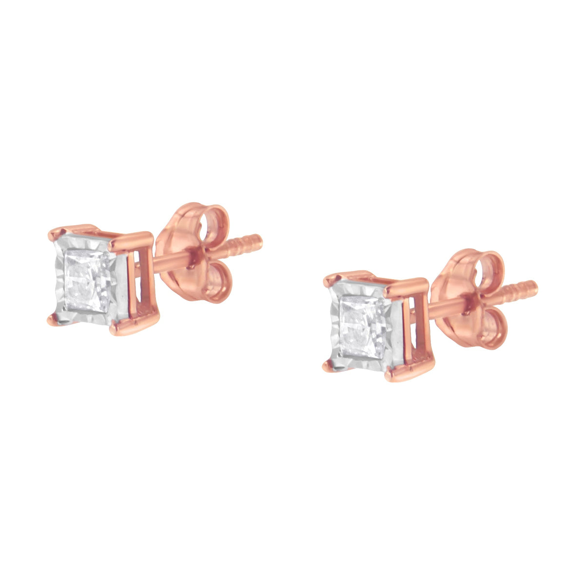 Pendientes de botón con solitario de diamante talla princesa de 0,50 ct. en total, chapados en oro rosa de 14K de dos tonos, plata de ley .925, montura de ilusión (color J-K, claridad I2-I3)