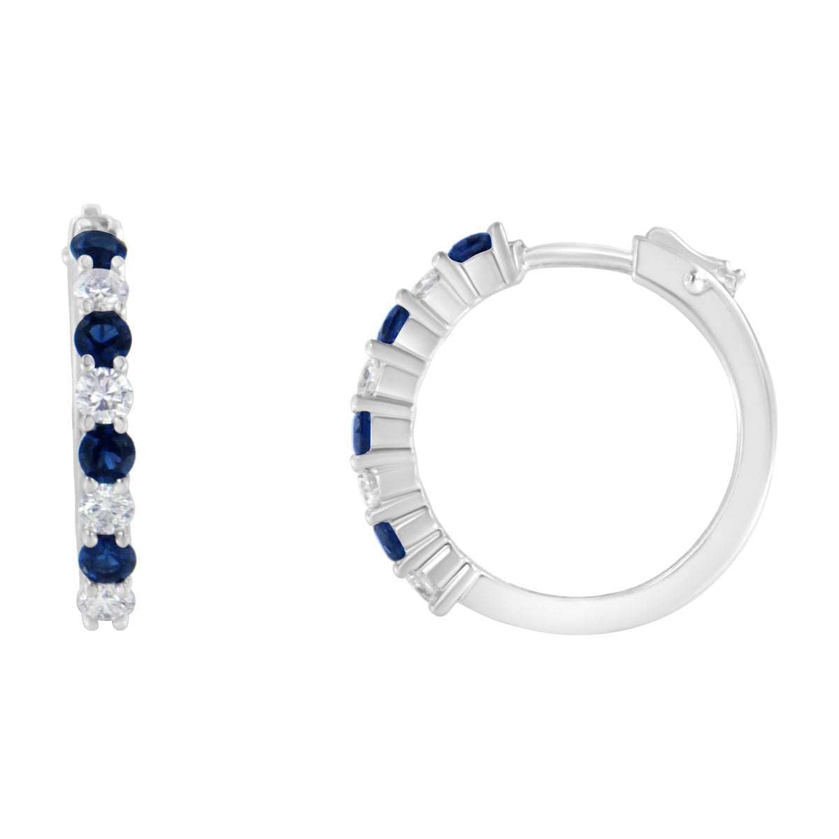 Pendientes de aro con cierre de palanca de oro blanco de 10K, diamante de ½ Cttw y zafiro azul de laboratorio de ½ Cttw (color H-I, claridad I1-I2)
