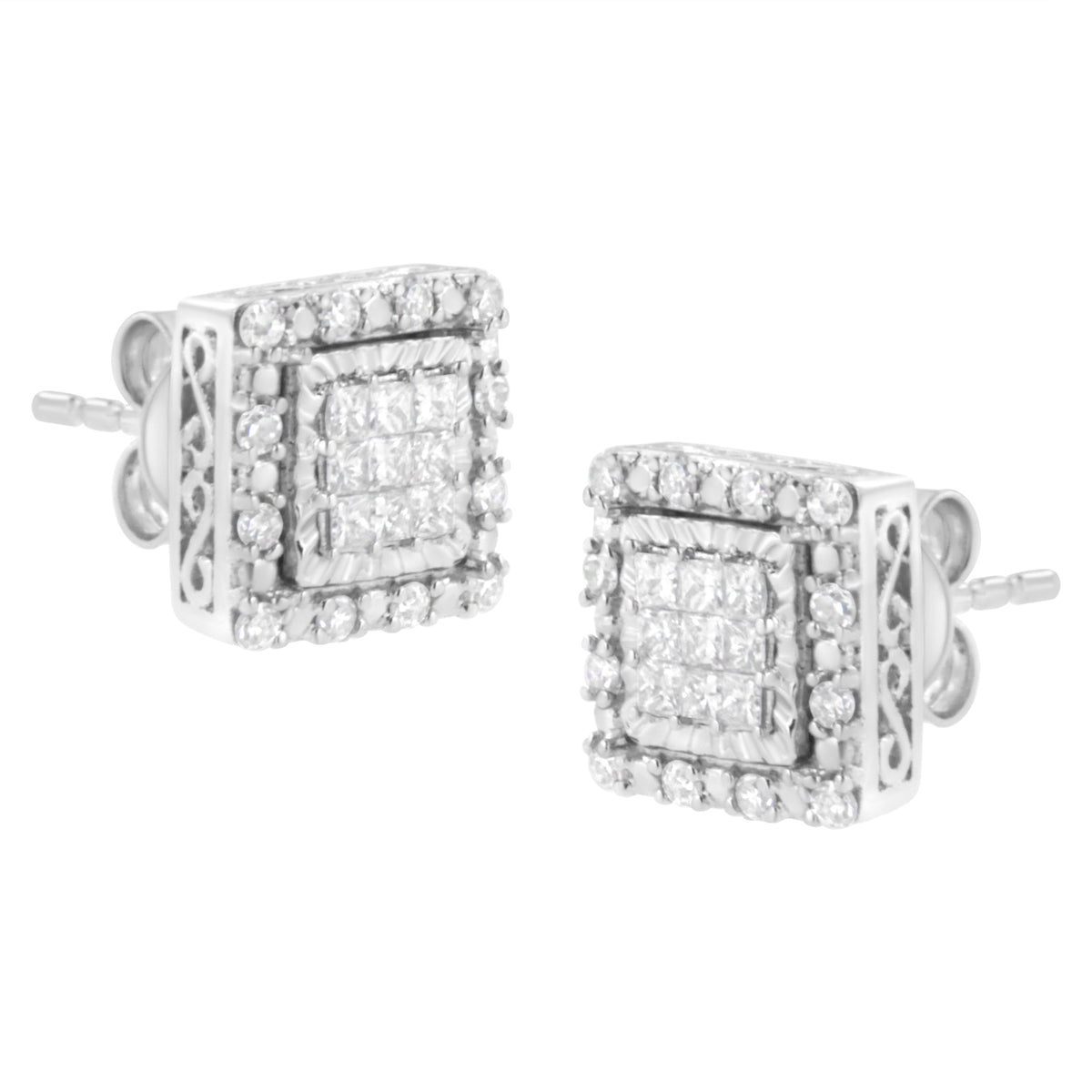Pendiente de tuerca cuadrado de oro blanco de 10K con 1/2 quilate total invisible engastado de diamantes talla princesa (color I-J, claridad I1-I2)