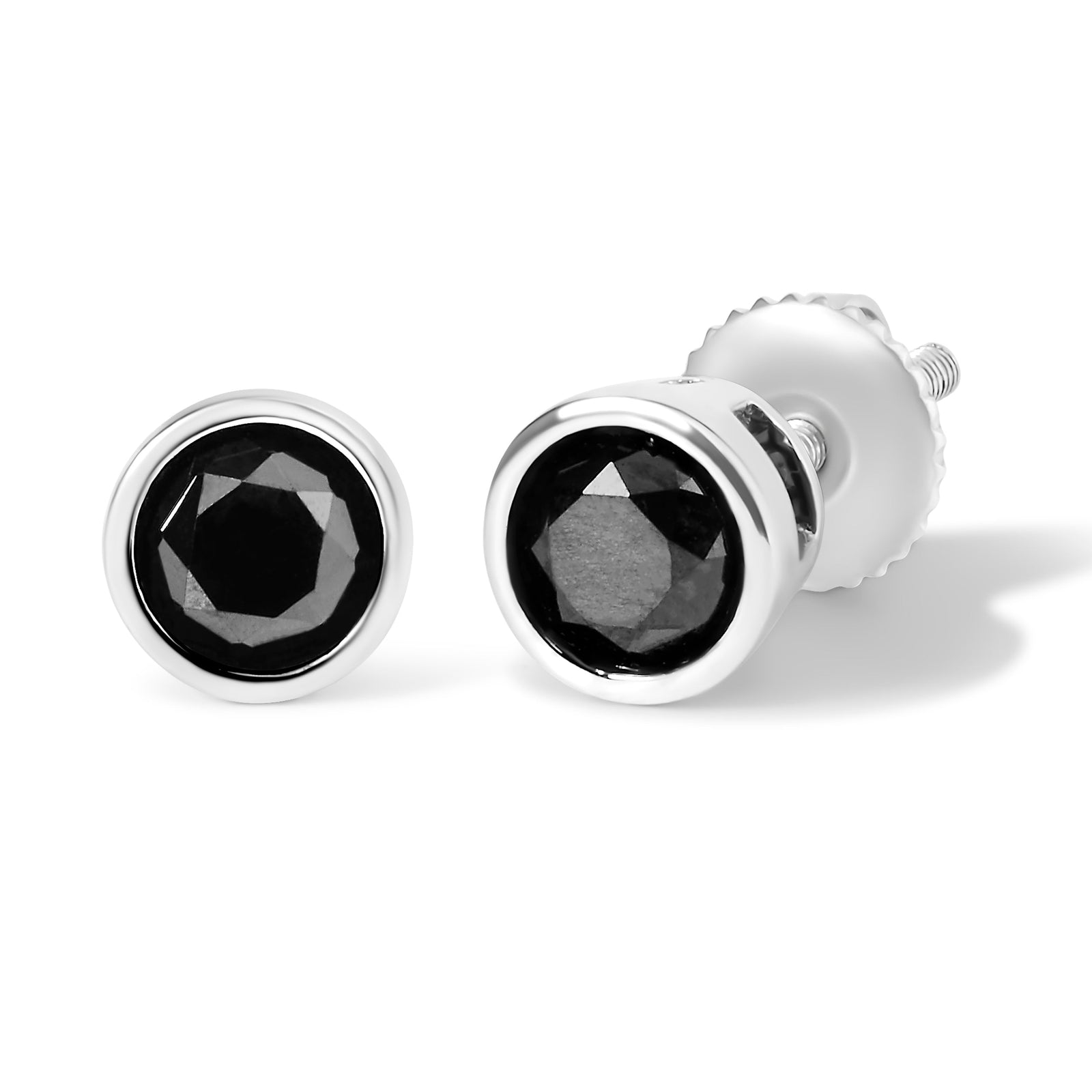 Pendientes de Plata Fina .925 con Diamantes Negros de 4.00 Qts. Talla Brillante Redonda, Engastados en Bisel, con Cierre de Rosca (Color Fantasía Mejorado, Claridad I2-I3)