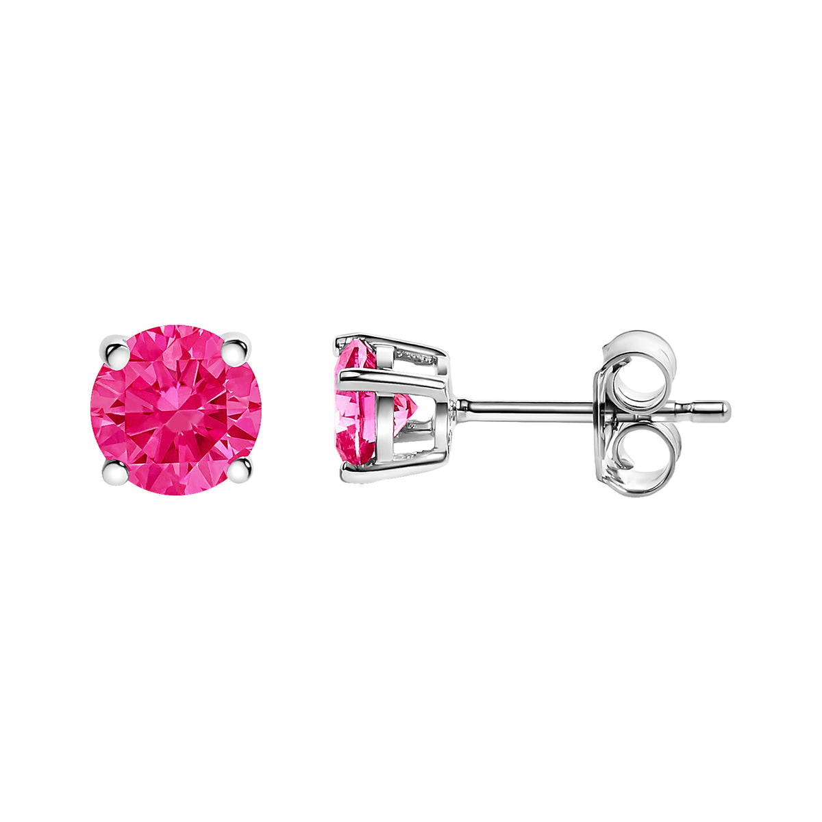 Pendientes de botón clásicos solitarios de oro blanco de 10K con diamante rosa de 1/2 quilate de talla brillante redonda creado en laboratorio y engaste de 4 puntas (color rosa intenso, claridad VVS2-VS1)