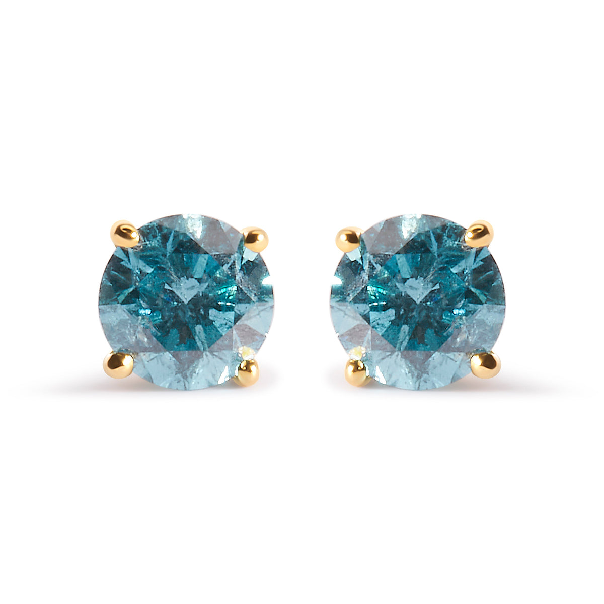 Pendientes de tuerca solitarios clásicos de oro amarillo de 14K con diamantes azul aguamarina tratados de 1,0 Cttw (color azul aguamarina, claridad I2-I3)