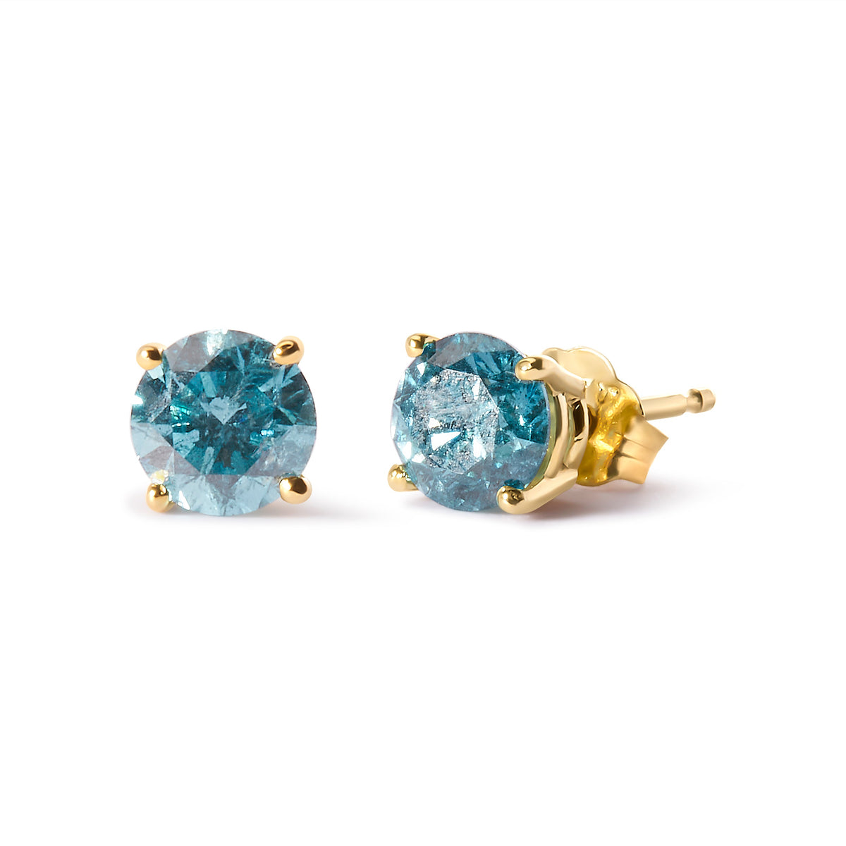 Pendientes de tuerca solitarios clásicos de oro amarillo de 14K con diamantes azul aguamarina tratados de 1,0 Cttw (color azul aguamarina, claridad I2-I3)