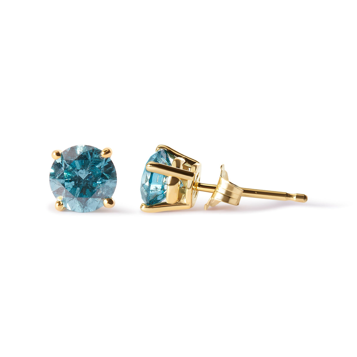 Pendientes de tuerca solitarios clásicos de oro amarillo de 14K con diamantes azul aguamarina tratados de 1,0 Cttw (color azul aguamarina, claridad I2-I3)