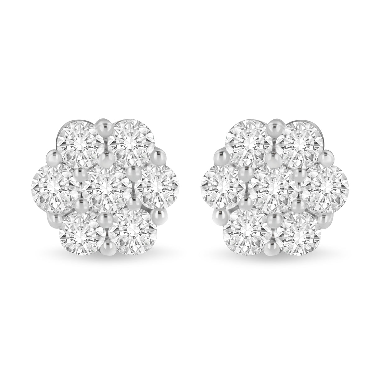 Pendientes de botón con forma de flor y diamantes redondos de 3 ct en total engarzados con puntas, oro blanco de 14 K (color I-J, claridad SI1-SI2)