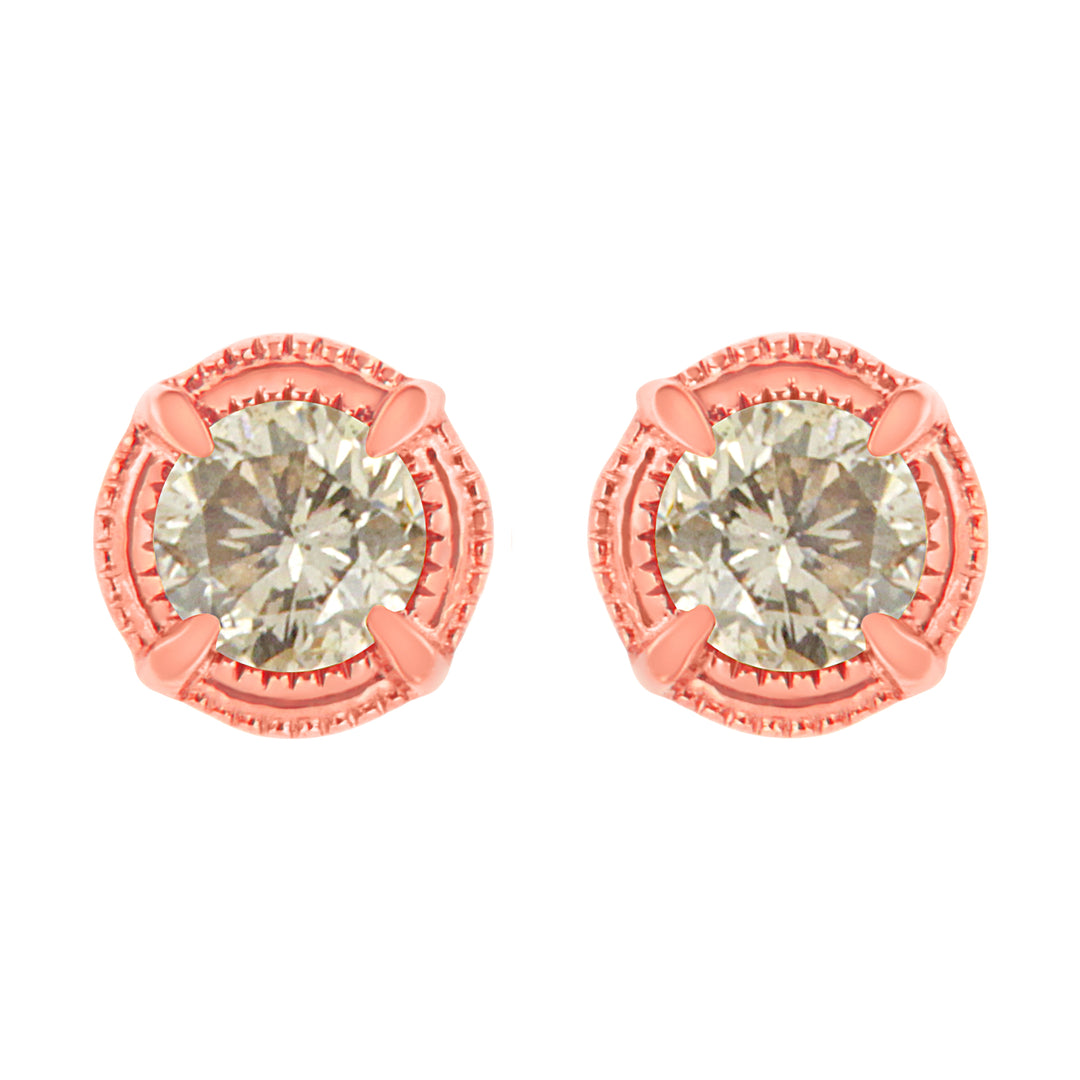 14K Yellow Gold Plated .925 Sterling Silver 1.0 Cttw Round Brilliant Cut Diamond Solitaire Milgrain Stud Earrings (K-L Color, I2-I3 Clarity)