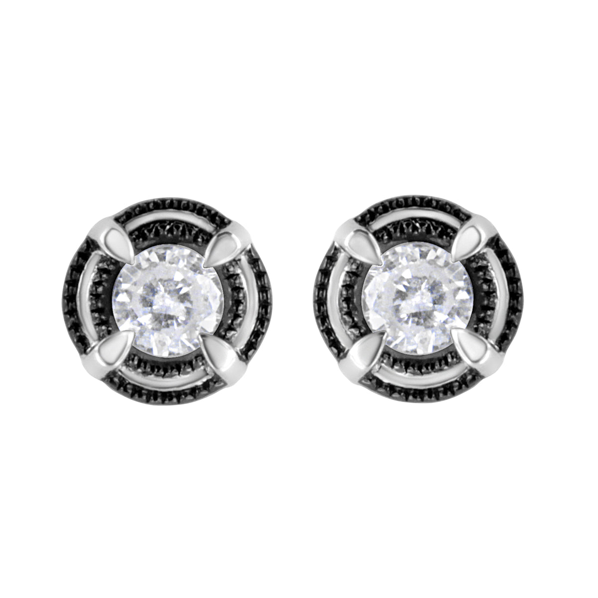 Pendientes de botón solitarios de doble halo de diamantes de 1-1/2 quilates de peso total, de plata de ley .925 bañada en rodio negro, con montura de 4 garras y milgrain (color H-I, claridad I2-I3)