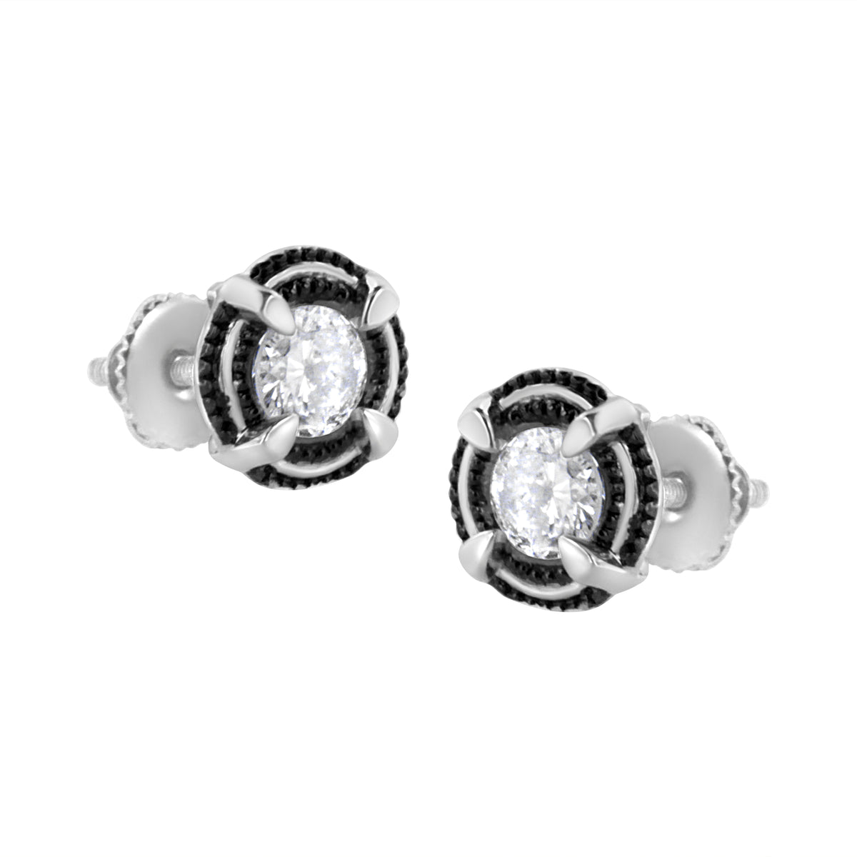 Pendientes de botón solitarios de doble halo de diamantes de 1-1/2 quilates de peso total, de plata de ley .925 bañada en rodio negro, con montura de 4 garras y milgrain (color H-I, claridad I2-I3)