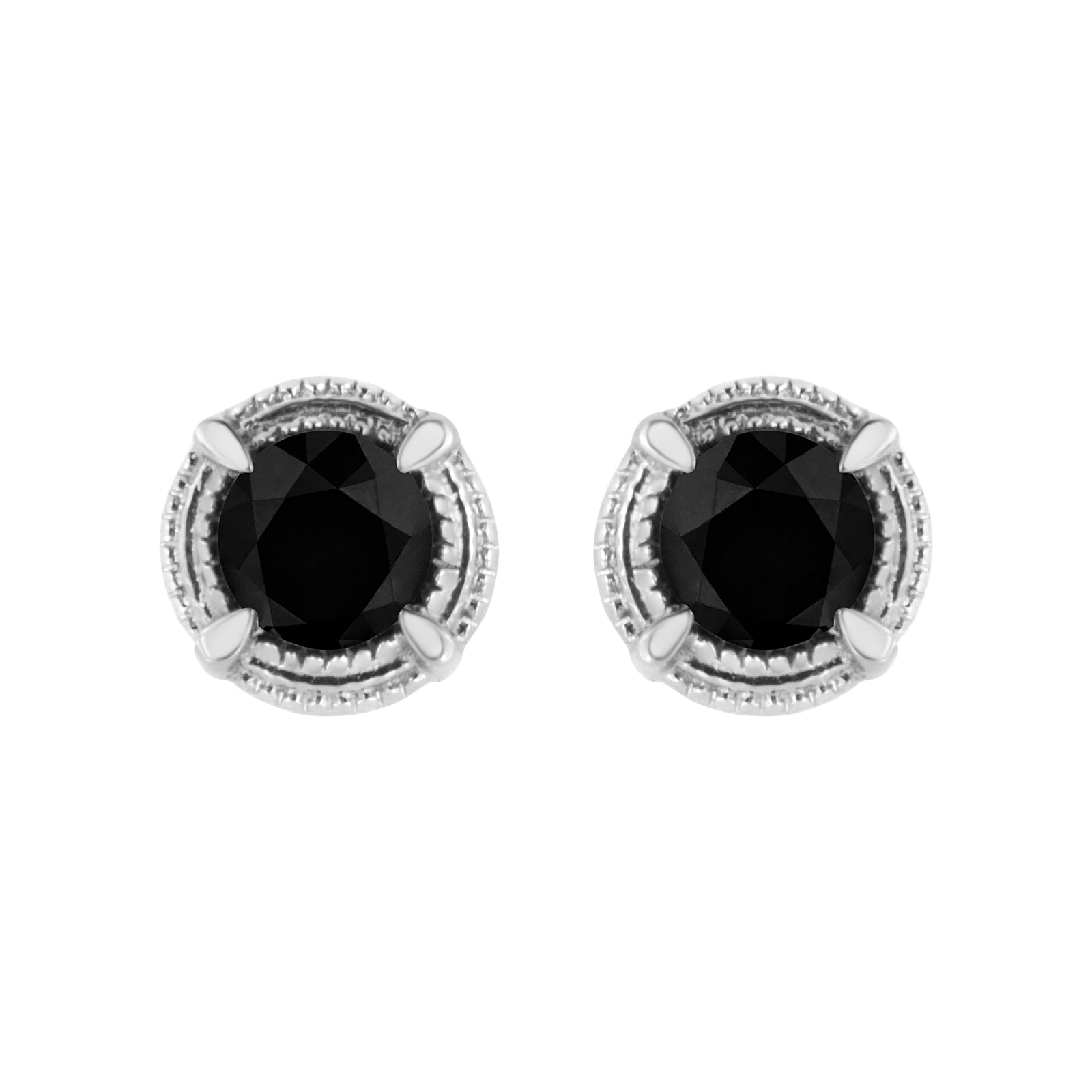 .925 Sterling Silver 1 cttw Treated Black Diamond Modern 4-Prong Solitaire Milgrain Stud Earrings (Black Color, I1-I2 Clarity)