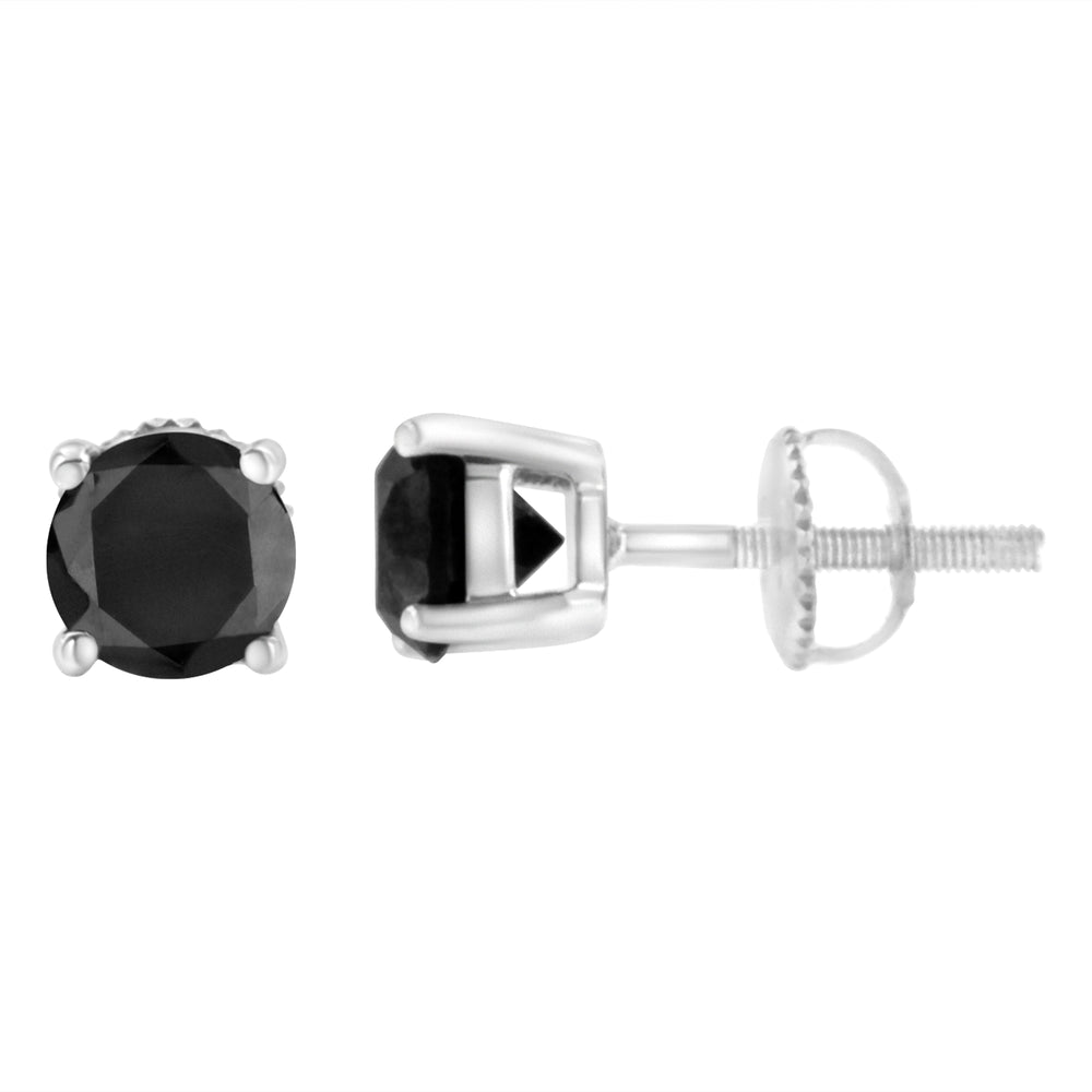Pendientes clásicos de tuerca de plata de ley .925 con diamantes negros de corte redondo brillante de 2,00 Cttw y 4 puntas con parte trasera de rosca (color realzado elegante, claridad I2-I3)