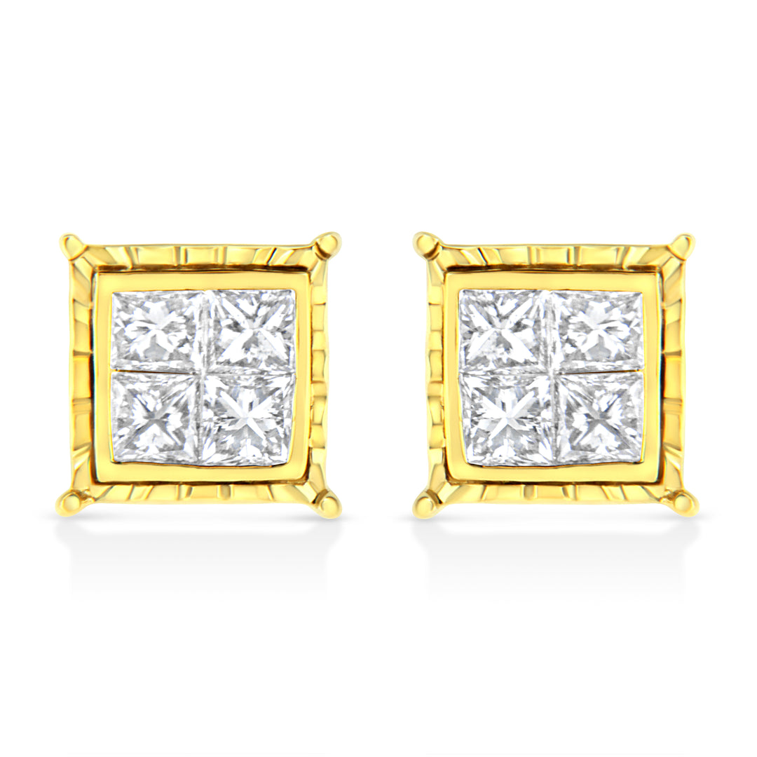 14K Yellow Gold 1.0 Cttw Invisible Set Princess-Cut Diamond Composite 8 Stone Stud Earrings (I-J Color, SI1-SI2 Clarity)