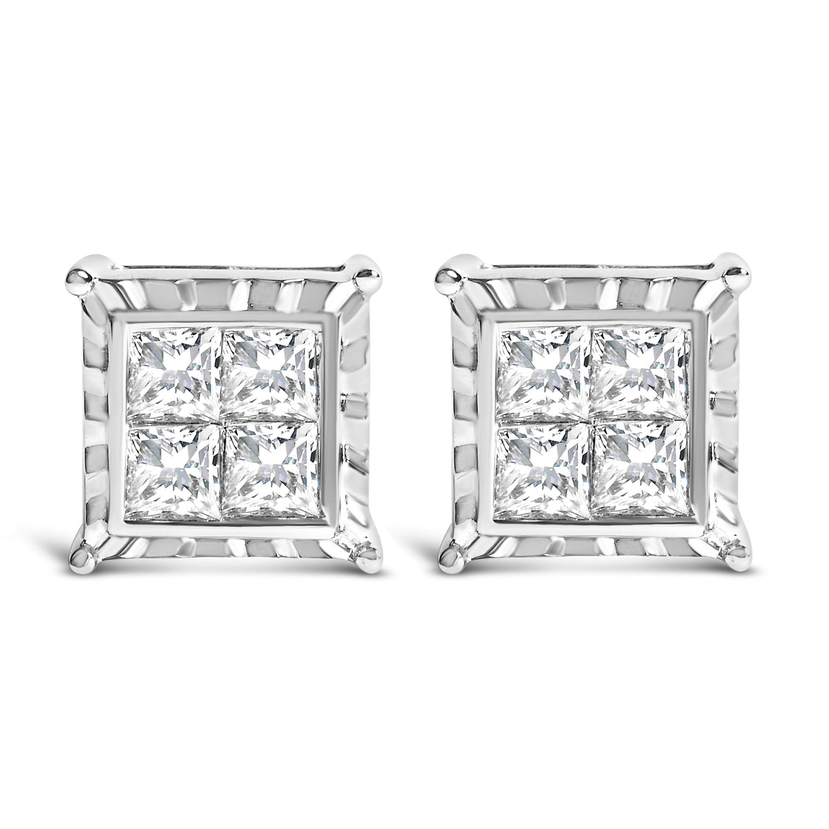 Pendientes de tuerca de oro blanco de 14K con diamantes de laboratorio de talla princesa de 2,00 Cttw engaste invisible en diseño ondulado