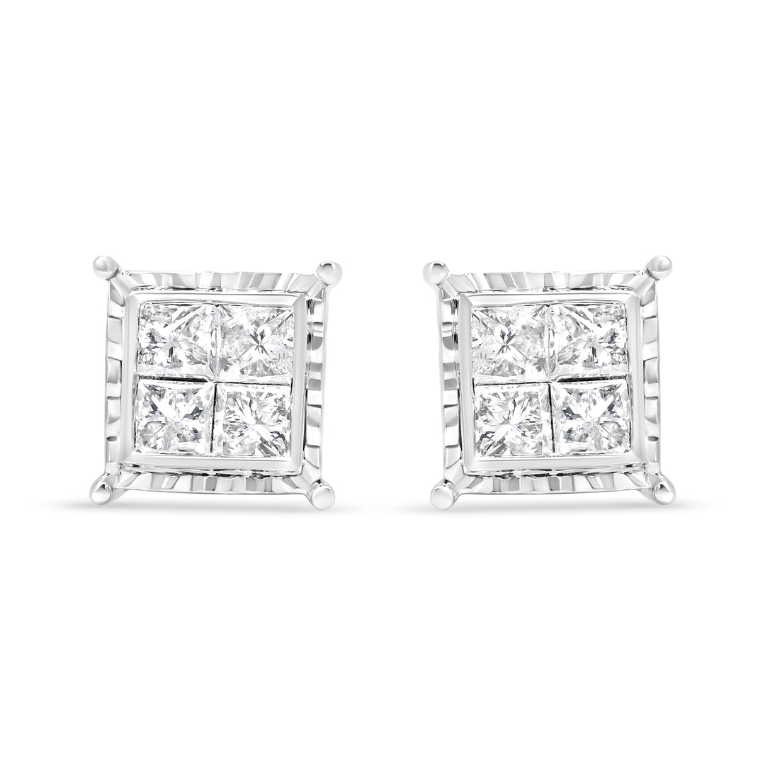 14K White Gold 1 1/2 Cttw Invisible Set Princess-Cut Diamond Contemporary Wavy Quad Stud Earrings (I-J Color, I1-I2 Clarity)