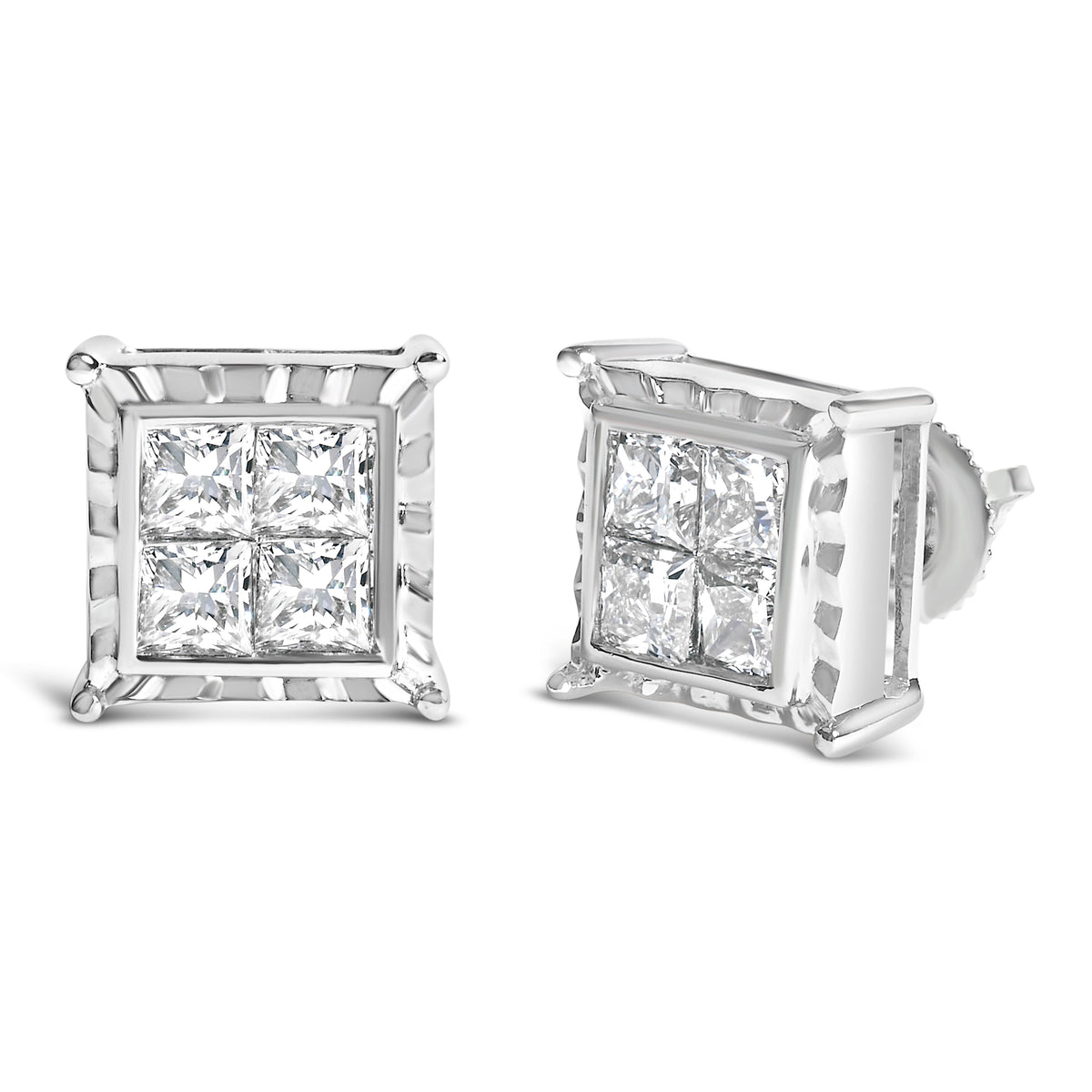 Pendientes de tuerca de oro blanco de 14K con diamantes de laboratorio de talla princesa de 2,00 Cttw engaste invisible en diseño ondulado