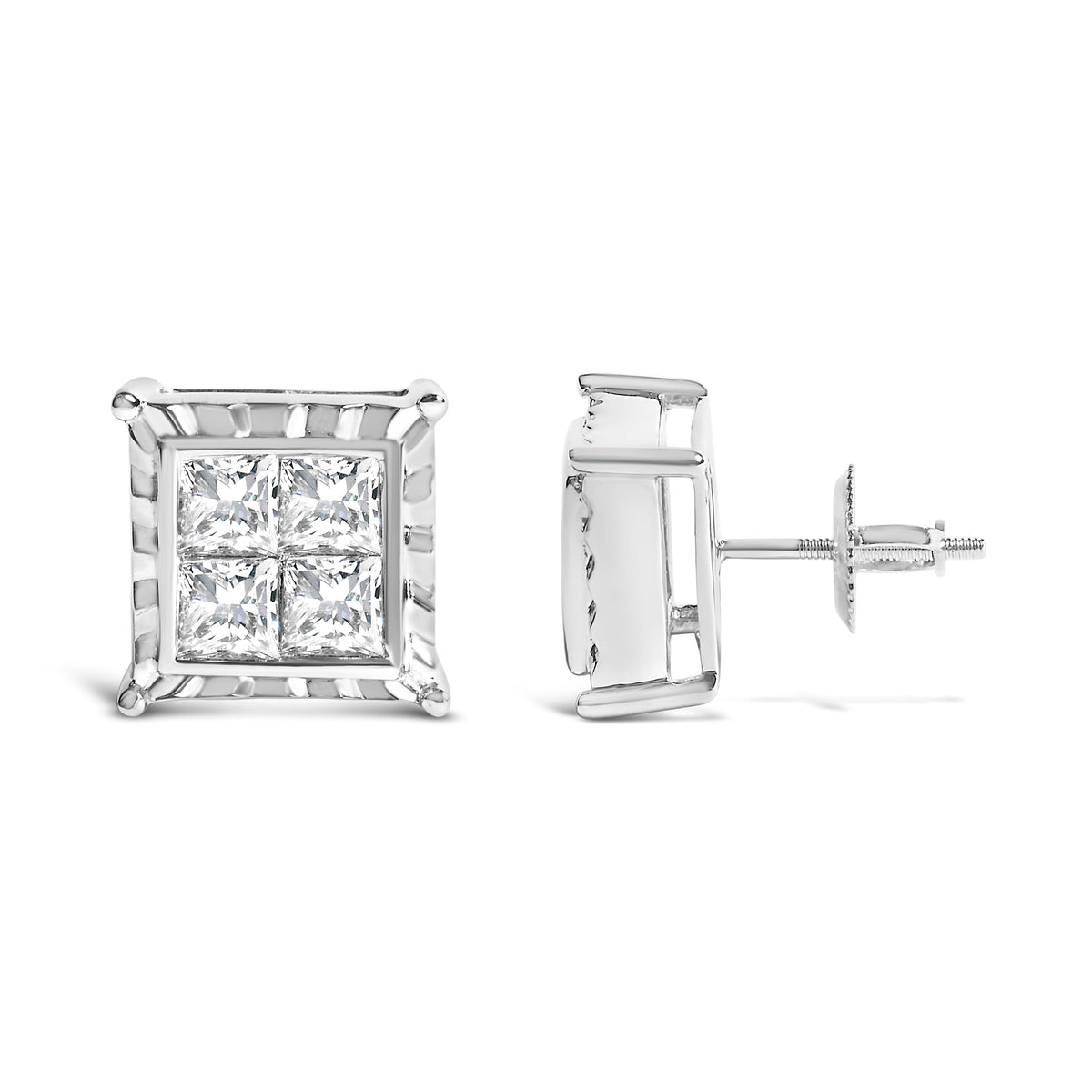 Pendientes de tuerca de oro blanco de 14K con diamantes de laboratorio de talla princesa de 2,00 Cttw engaste invisible en diseño ondulado