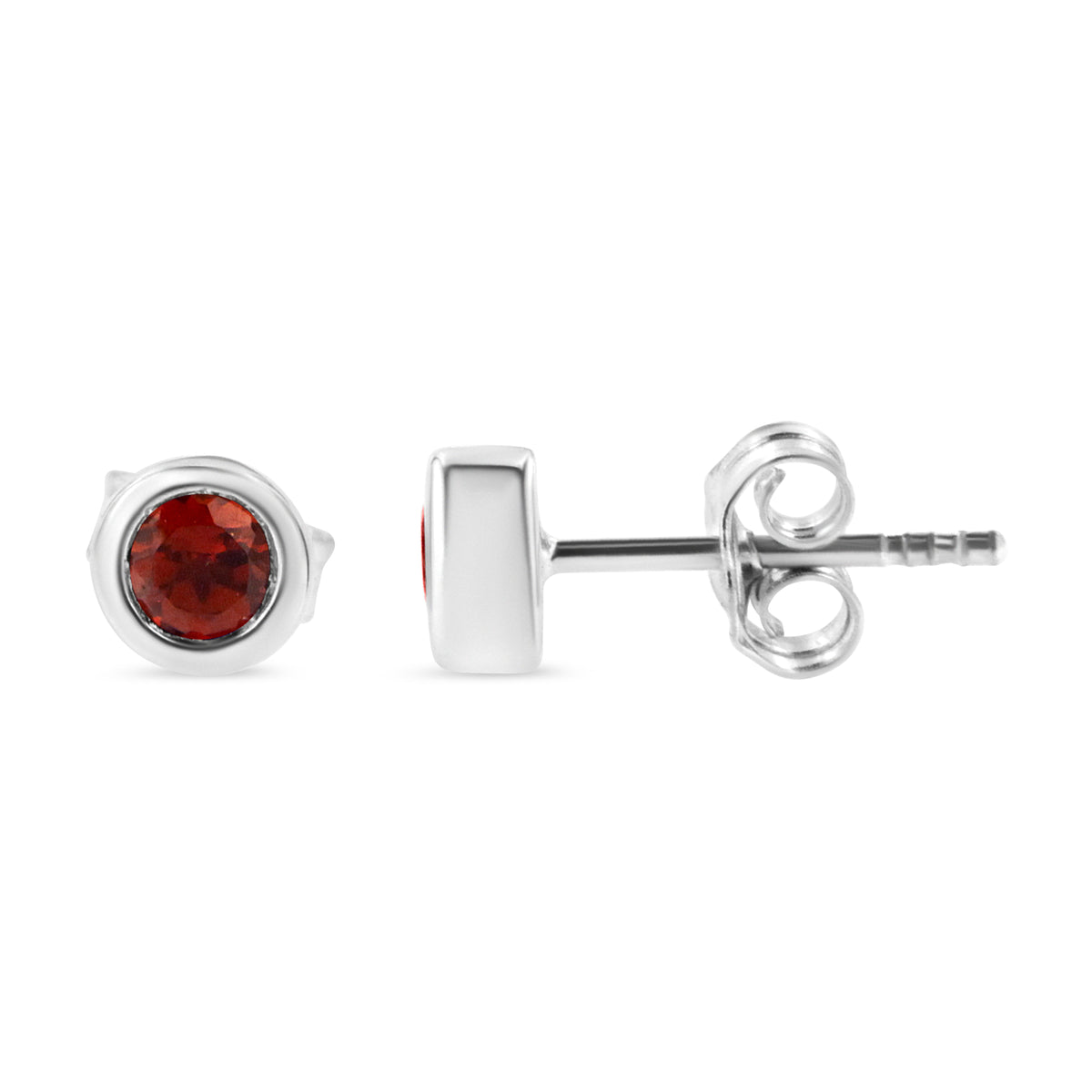 Pendientes solitario de plata esterlina .925 con bisel de 3.5 mm y gema de rubí rojo sintético