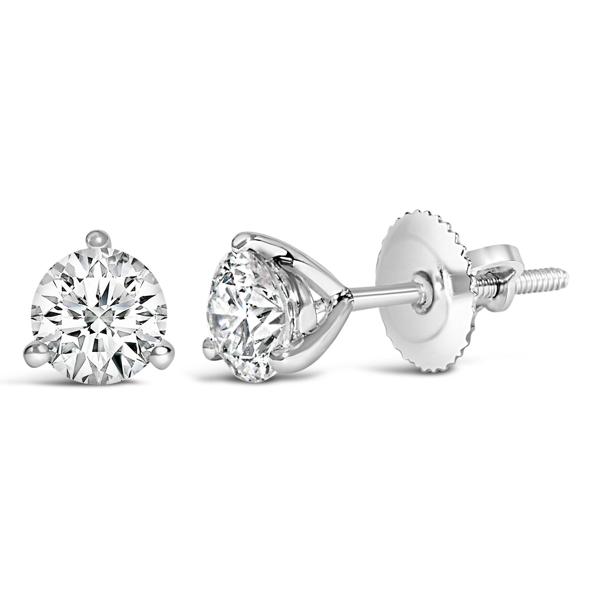 Pendientes de tuerca de oro blanco de 14 quilates y 2,0 quilates (peso total) con diamantes solitarios redondos de talla brillante cultivados en laboratorio, engaste de 3 puntas tipo martini y cierre de rosca (color F-G, claridad VS1-VS2)
