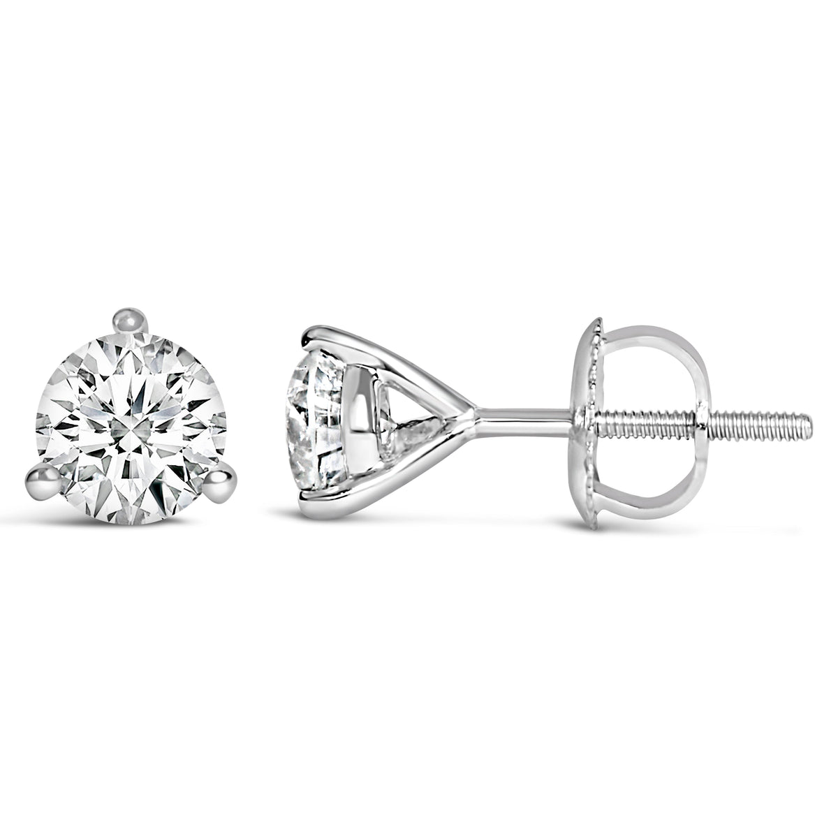 Pendientes de tuerca de oro blanco de 14 quilates y 2,0 quilates (peso total) con diamantes solitarios redondos de talla brillante cultivados en laboratorio, engaste de 3 puntas tipo martini y cierre de rosca (color F-G, claridad VS1-VS2)