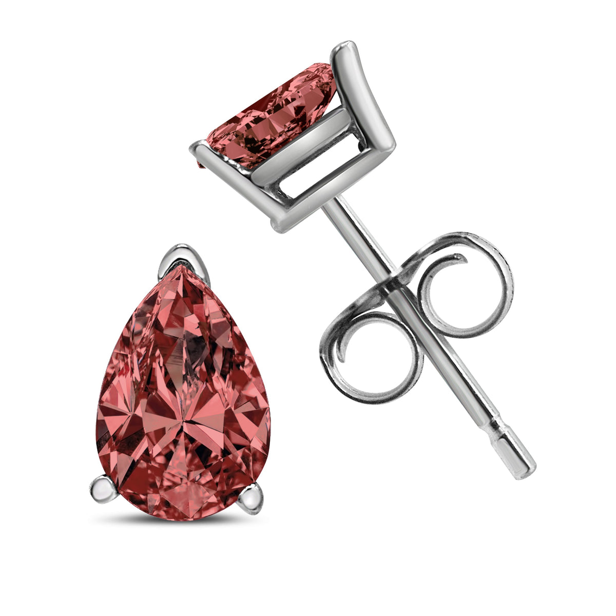 Pendientes de tuerca solitarios tipo martini de oro blanco de 14K con diamante rosa de pera creado en laboratorio de 1/2 quilate engarzado con 3 puntas (color rosa, claridad VS2-SI1)