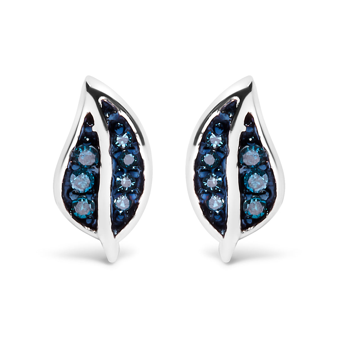 Pendientes de plata de ley .925 con diseño de hoja y acento de diamante azul