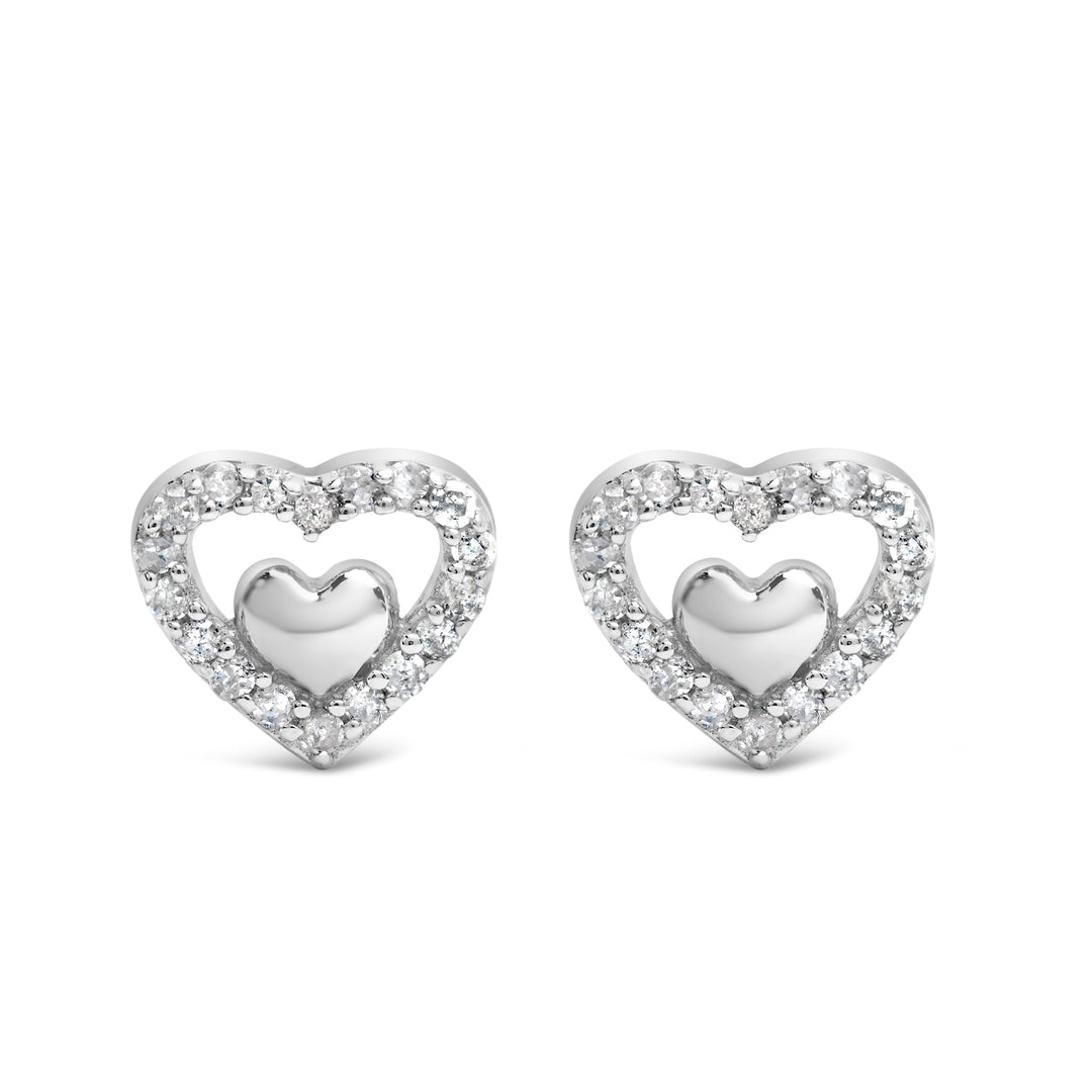 Pendientes de tuerca de doble corazón abierto de plata de ley 925 con diamante de 1/6 quilate (color I-J, claridad I3)