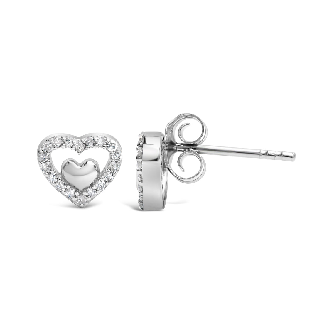 Pendientes de tuerca de doble corazón abierto de plata de ley 925 con diamante de 1/6 quilate (color I-J, claridad I3)