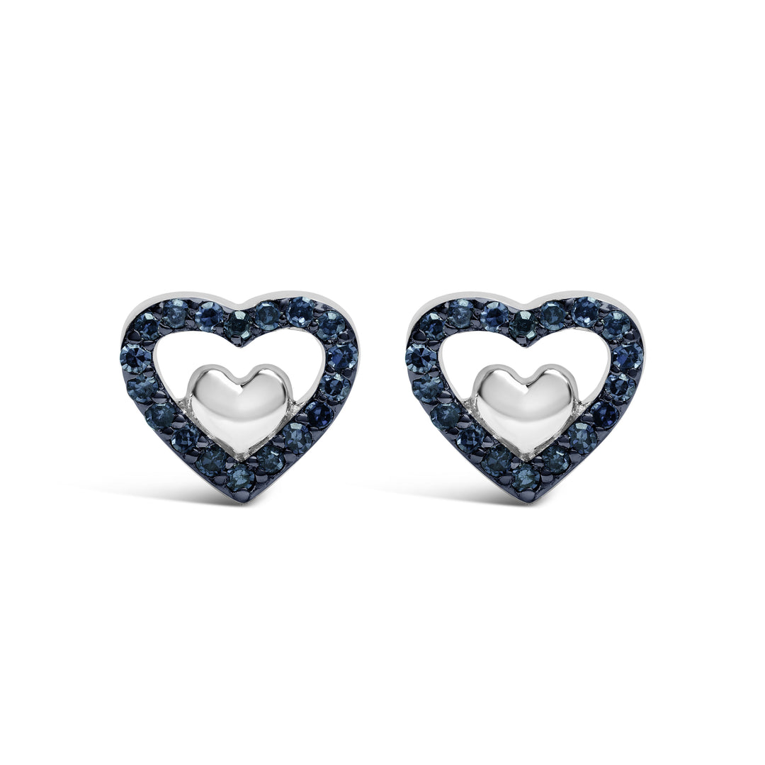 Pendientes de tuerca de doble corazón abierto de plata de ley 925 con diamante de 1/6 quilate (color I-J, claridad I3)