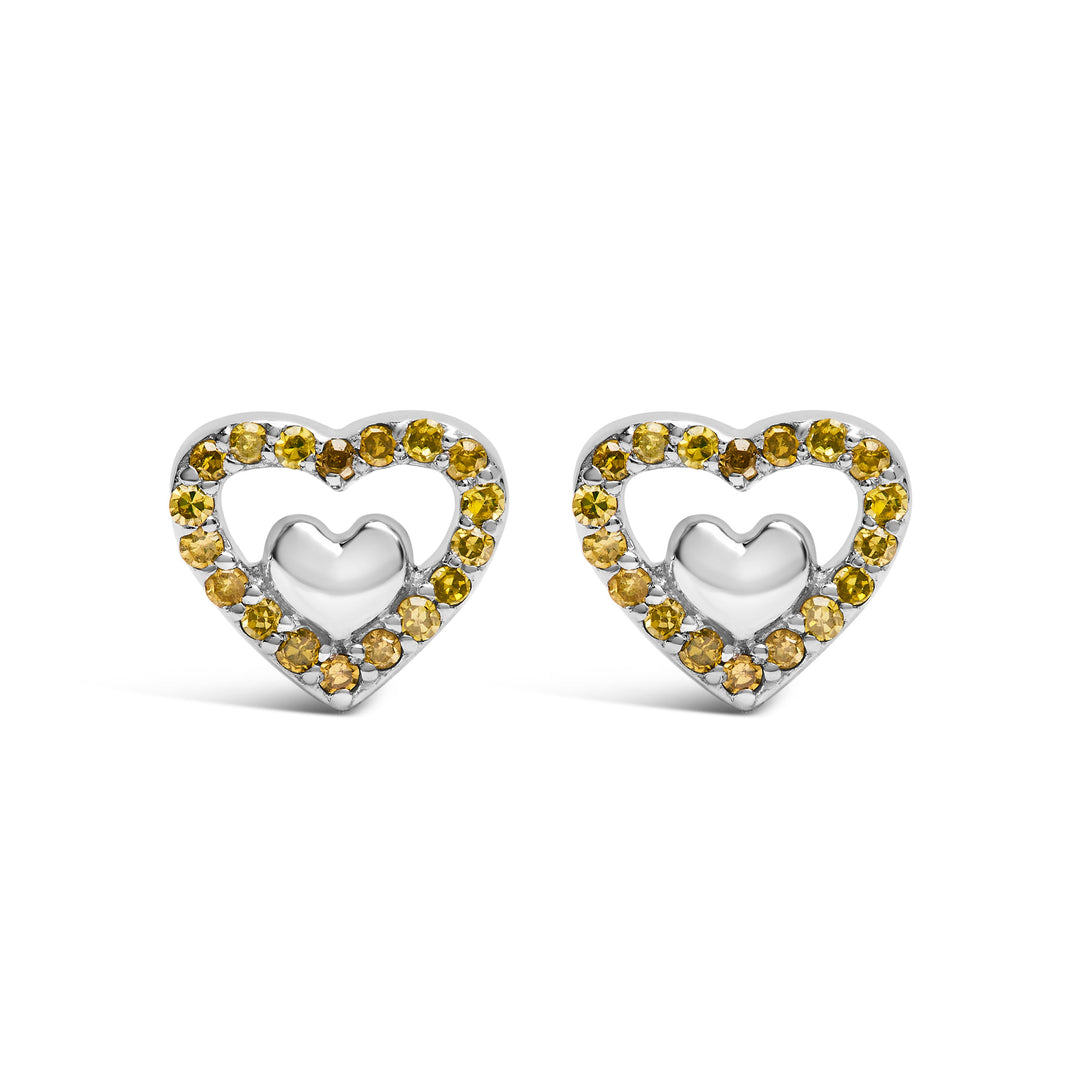 Pendientes de tuerca de doble corazón abierto de plata de ley 925 con diamante de 1/6 quilate (color I-J, claridad I3)