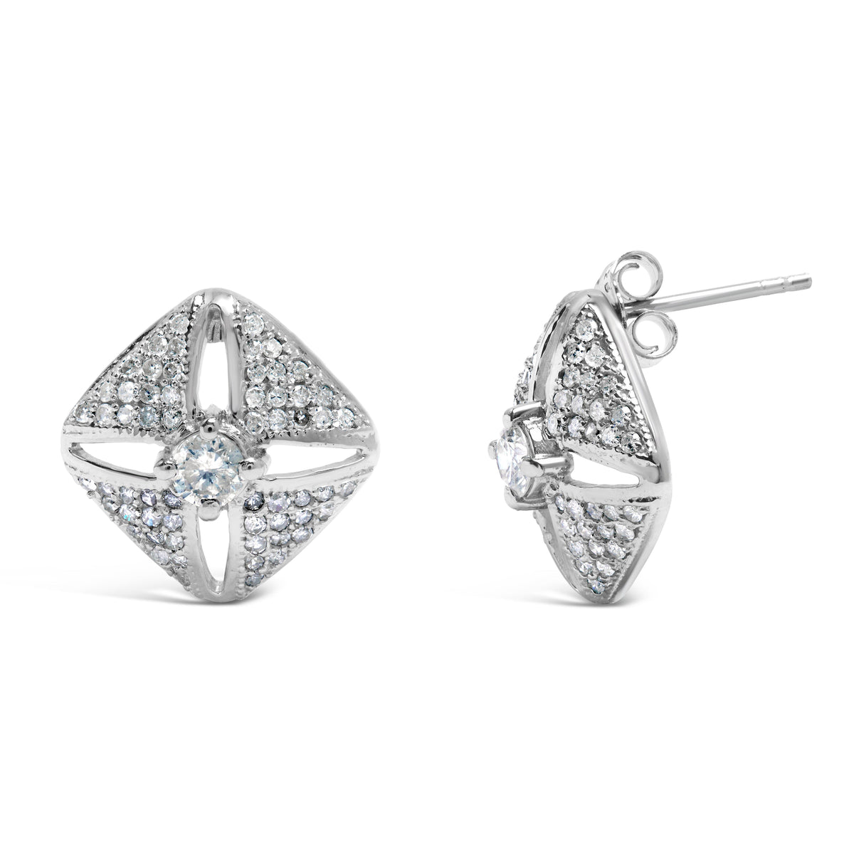 Pendientes de tuerca de plata de ley .925 con diseño de rombo y diamantes de 1,0 Cttw (color H-I, claridad I2-I3)