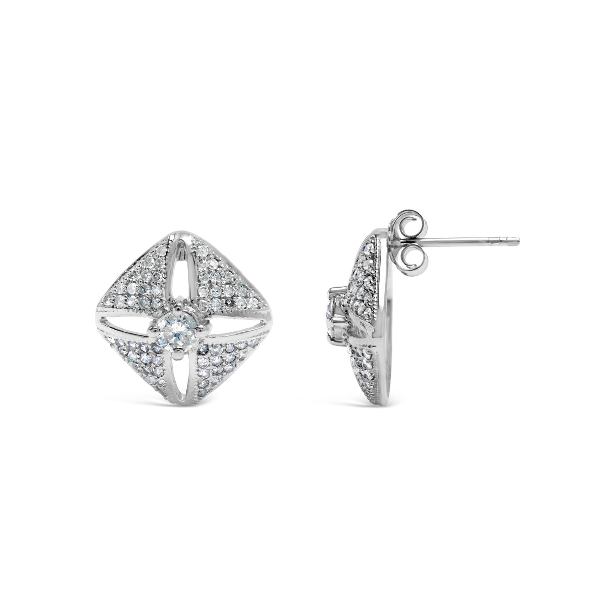 Pendientes de tuerca de plata de ley .925 con diseño de rombo y diamantes de 1,0 Cttw (color H-I, claridad I2-I3)