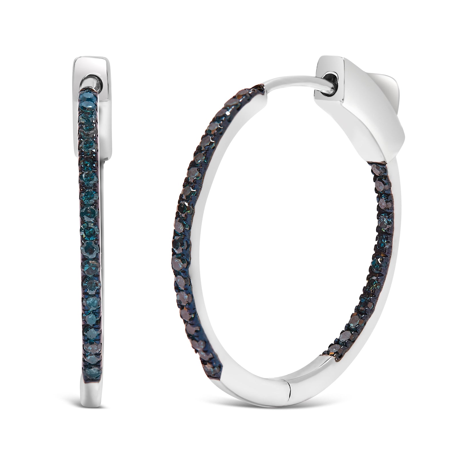 Pendientes de aro de plata de ley .925 con diamantes azules tratados de 1/3 quilates totales, de 1 mm de ancho, interior-exterior (color azul, claridad I2-I3)