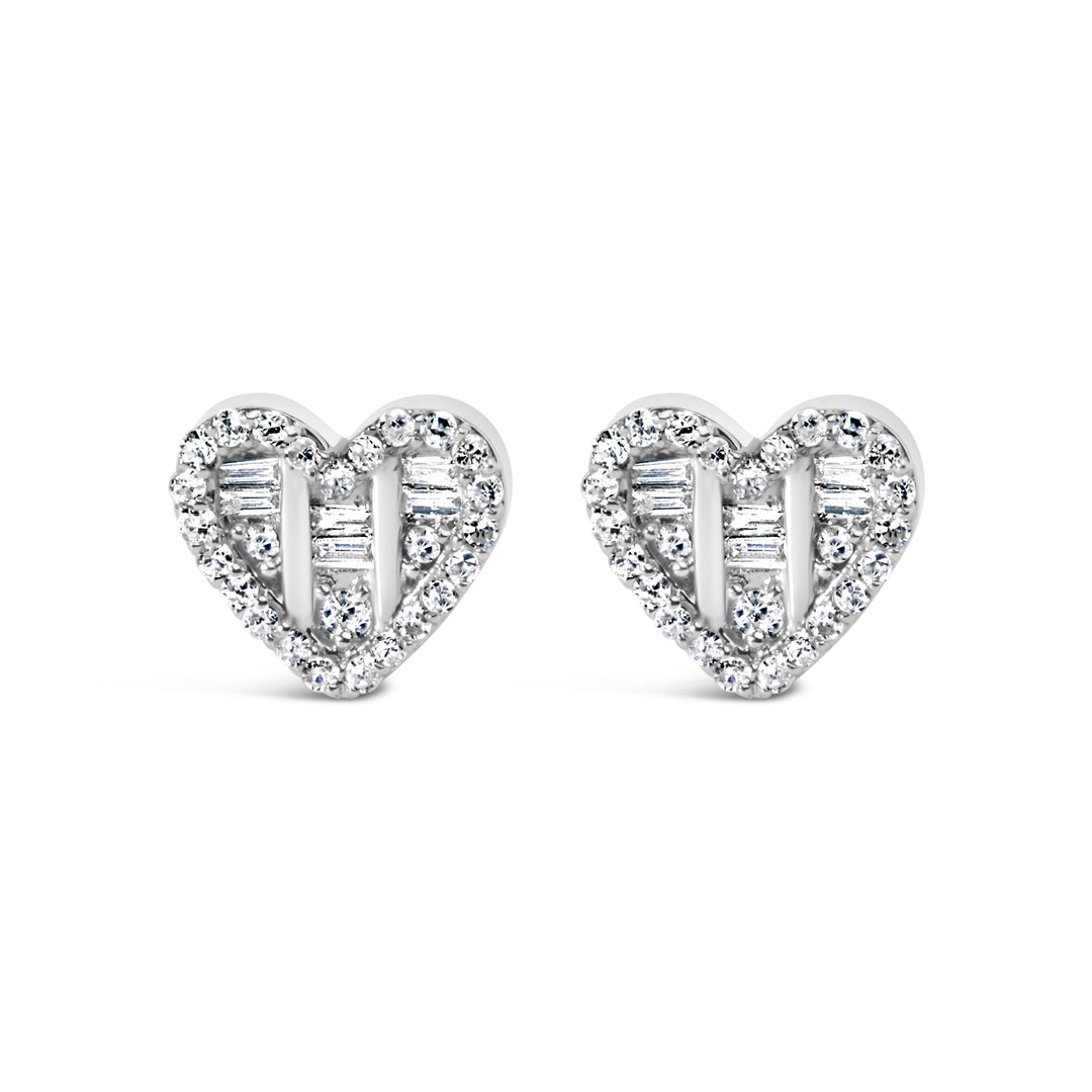 14K Yellow Gold Plated .925 Sterling Silver 1/2 Cttw Round and Baguette Diamond Composite Heart Shaped Stud Earring (I-J Color, SI2-I1 Clarity)