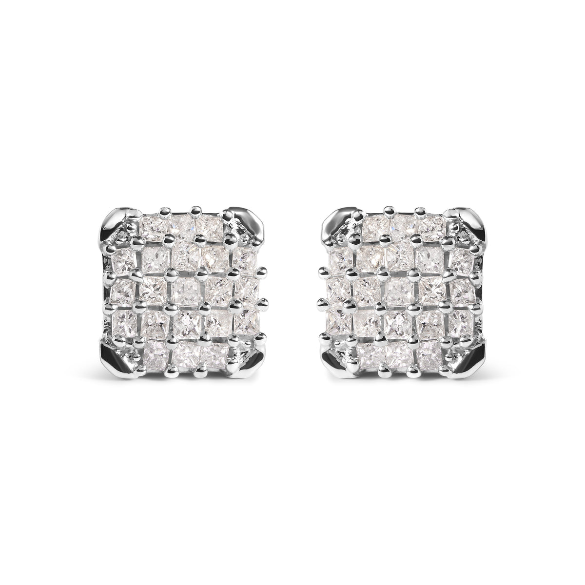 Pendientes de tuerca de oro blanco de 10K con forma de princesa de 3/4 Cttw (Color I-J, Claridad I1-I2)