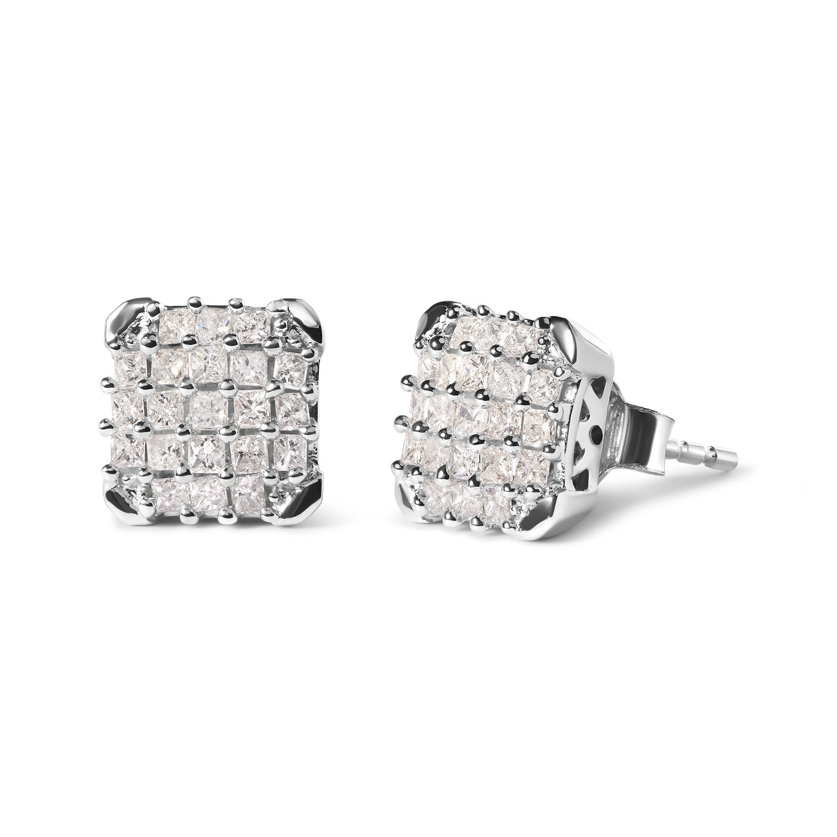 Pendientes de tuerca de oro blanco de 10K con forma de princesa de 3/4 Cttw (Color I-J, Claridad I1-I2)