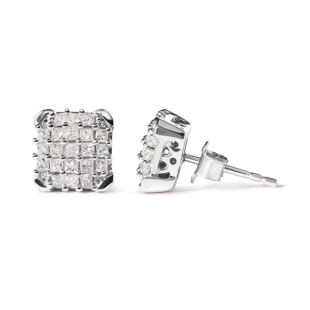 Pendientes de tuerca de oro blanco de 10K con forma de princesa de 3/4 Cttw (Color I-J, Claridad I1-I2)
