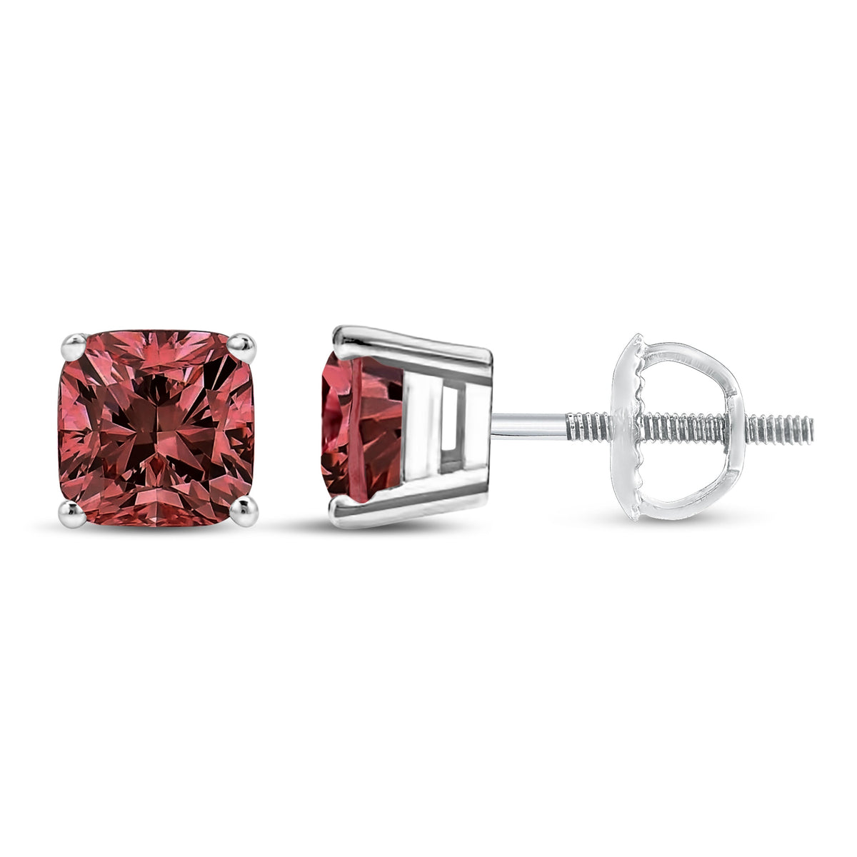Pendientes solitarios clásicos de oro blanco de 14K de 1 1/2 quilates con diamantes cultivados en laboratorio de corte cushion rosa y engaste de 4 puntas (Color rosa, Claridad VS1-VS2)