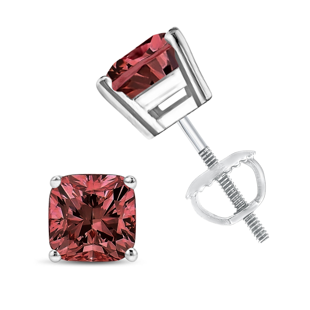 Pendientes solitarios clásicos de oro blanco de 14K de 1 1/2 quilates con diamantes cultivados en laboratorio de corte cushion rosa y engaste de 4 puntas (Color rosa, Claridad VS1-VS2)